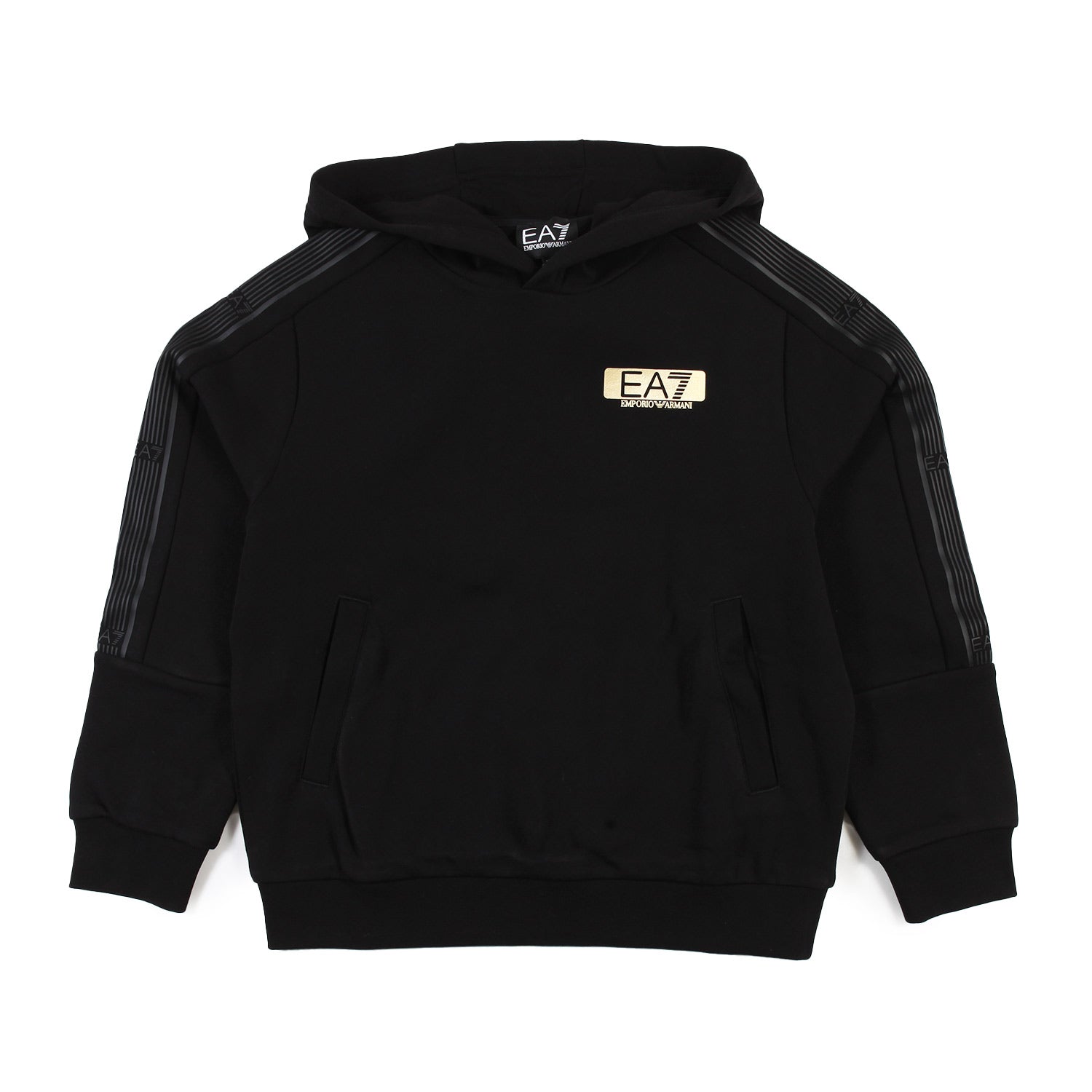 Felpa hoodie nera con logo EA7 laminato oro - annameglio.com abbigliamento moda