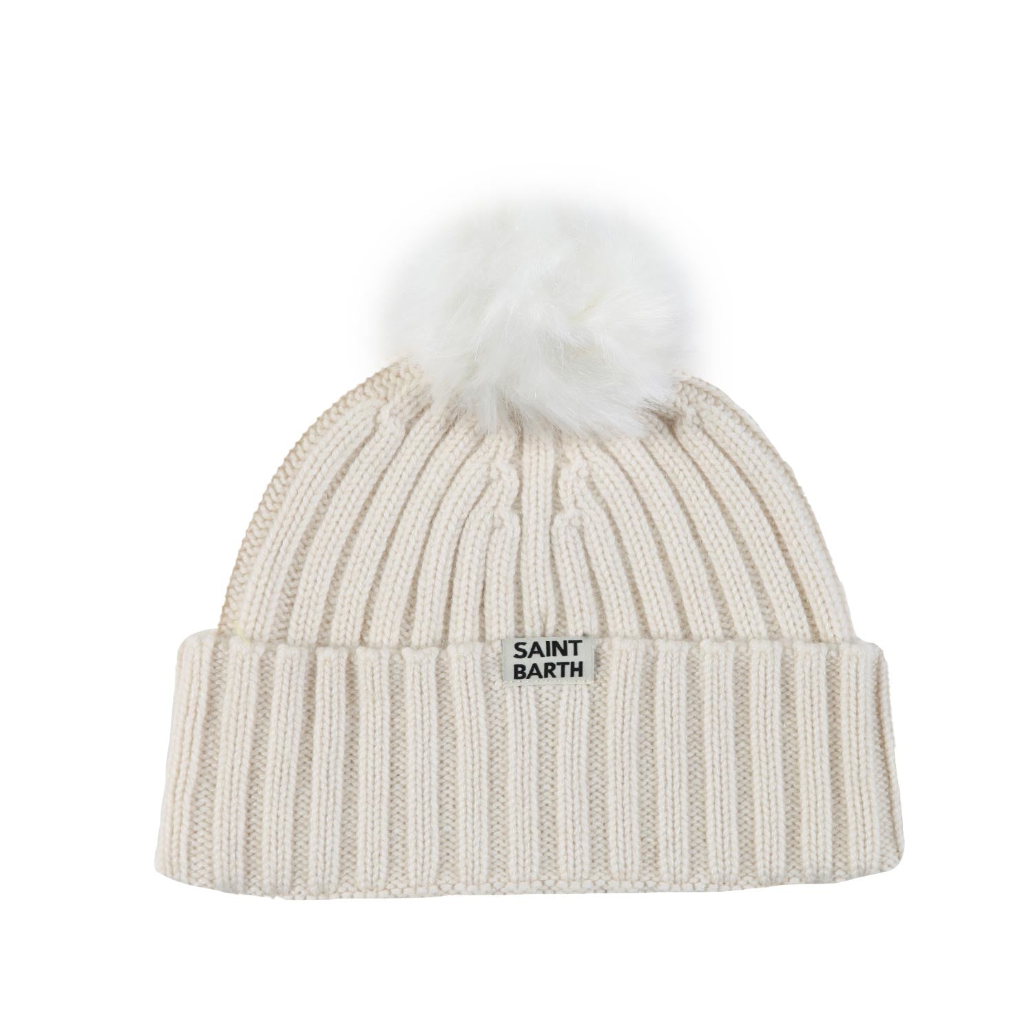 Berretto MC2 panna con pompon bianco e ricamo oro - annameglio.com abbigliamento moda