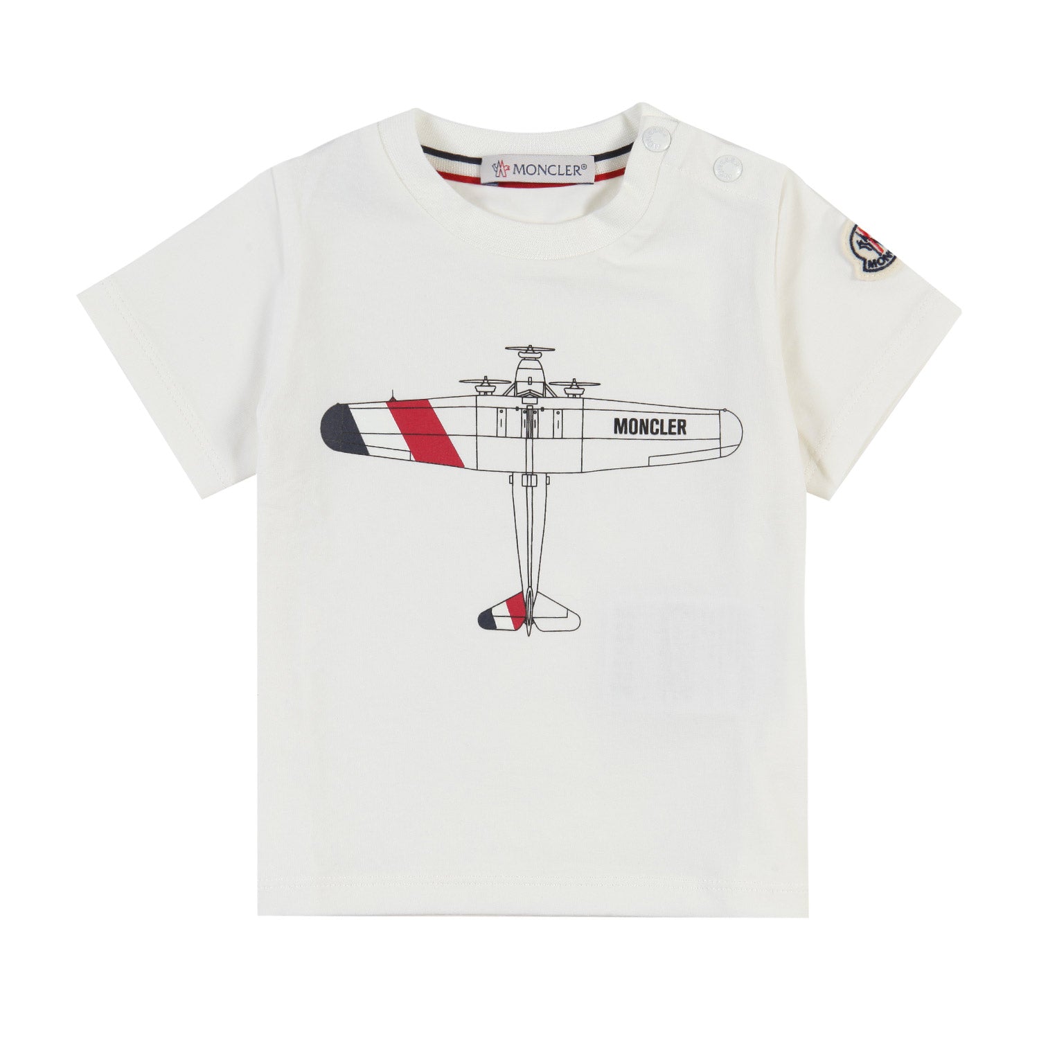 T-shirt Moncler bianca con stampa aeroplano Bimbo - annameglio.com abbigliamento moda