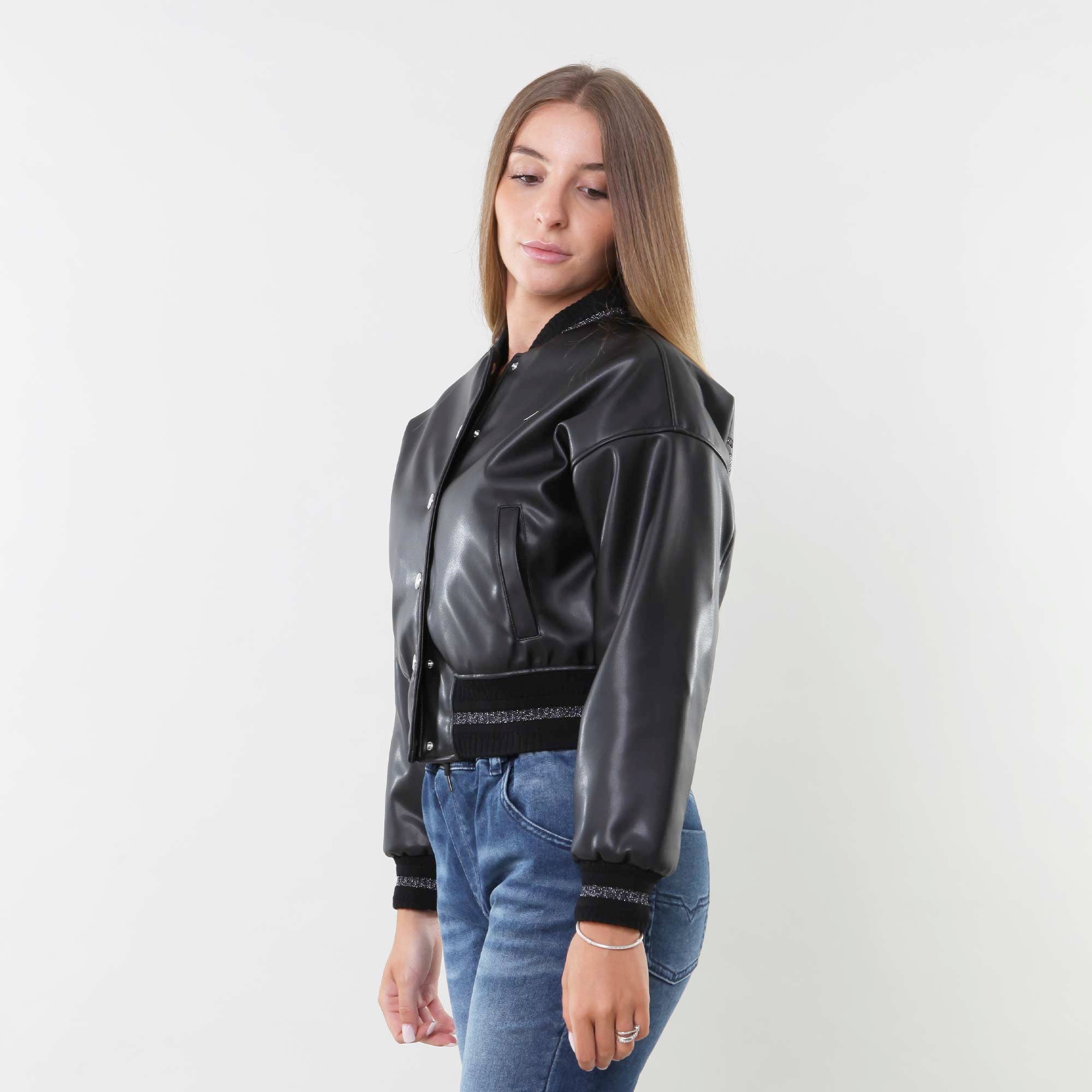 Bomber in ecopelle nero con logo lurex - annameglio.com abbigliamento moda
