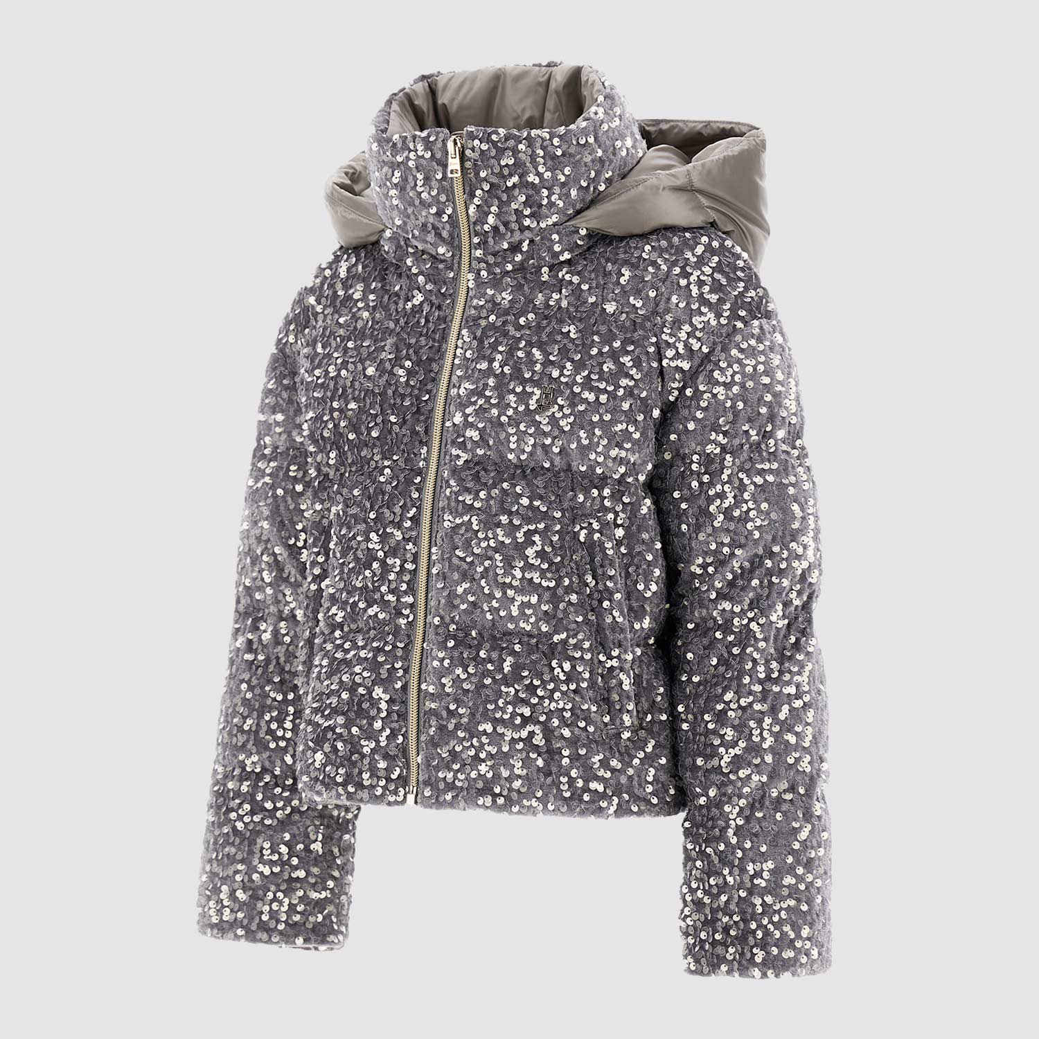 Piumino grigio chiaro in velluto con paillettes - annameglio.com abbigliamento moda