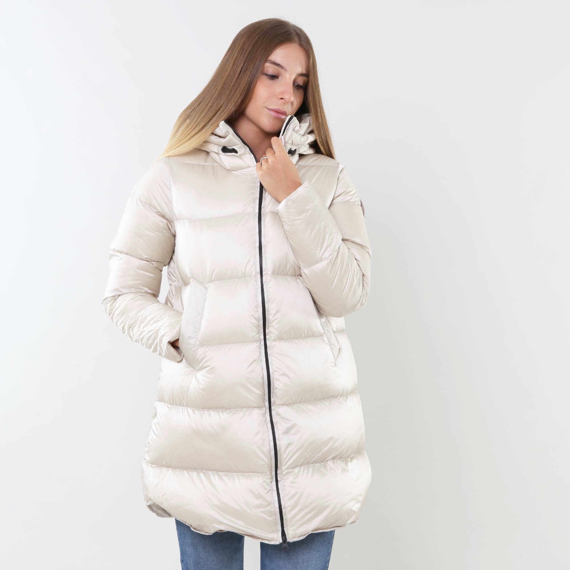 Piumino lungo grigio crystal con cappuccio - annameglio.com abbigliamento moda