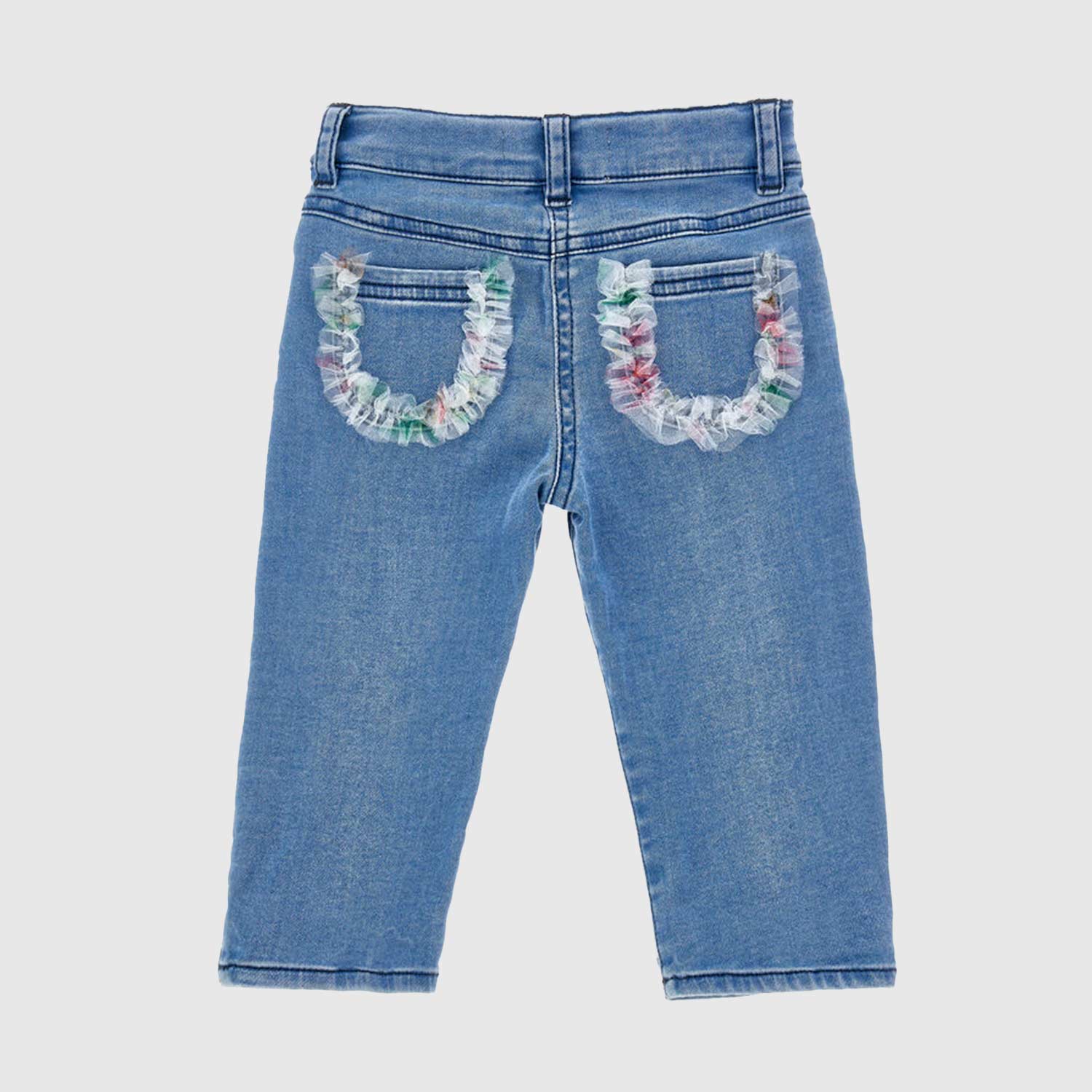 Pantaloni denim ricamato con galette - annameglio.com abbigliamento moda