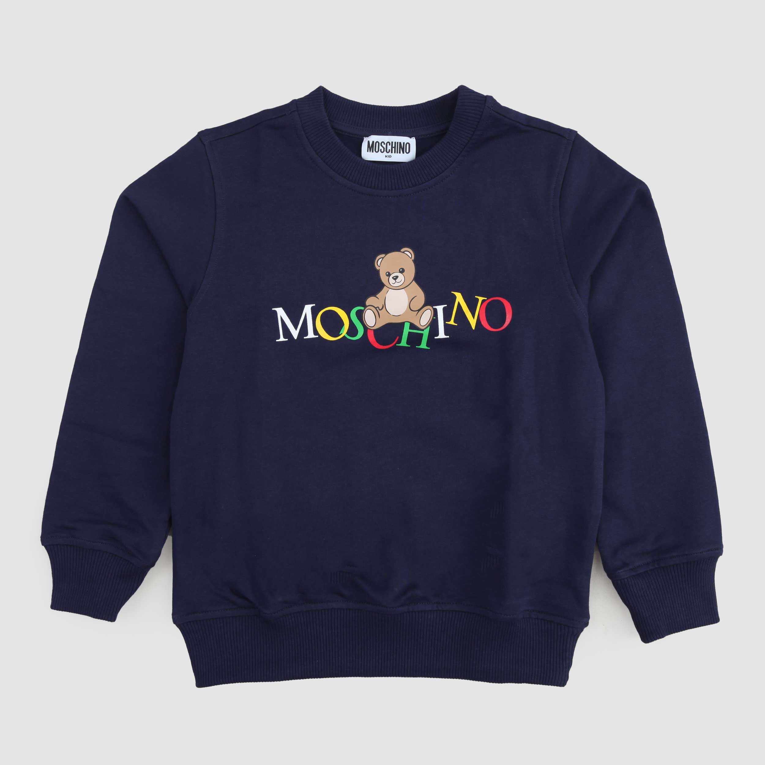 Felpa Blu Teddy E Logo Colorato Firmata MOSCHINO - annameglio.com abbigliamento moda