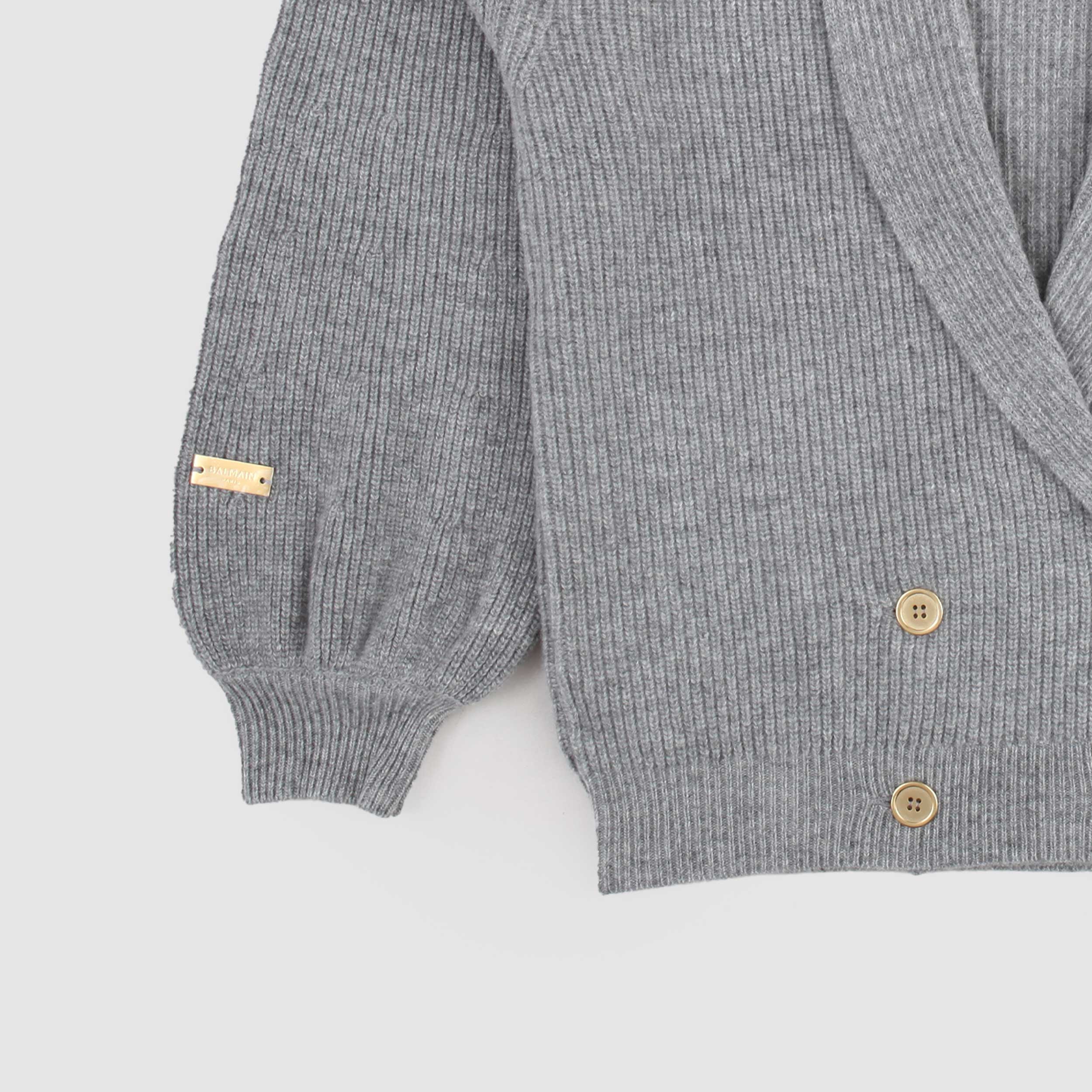 Grey Double-breasted Virgin Wool Cardigan for Girl by BALMAIN