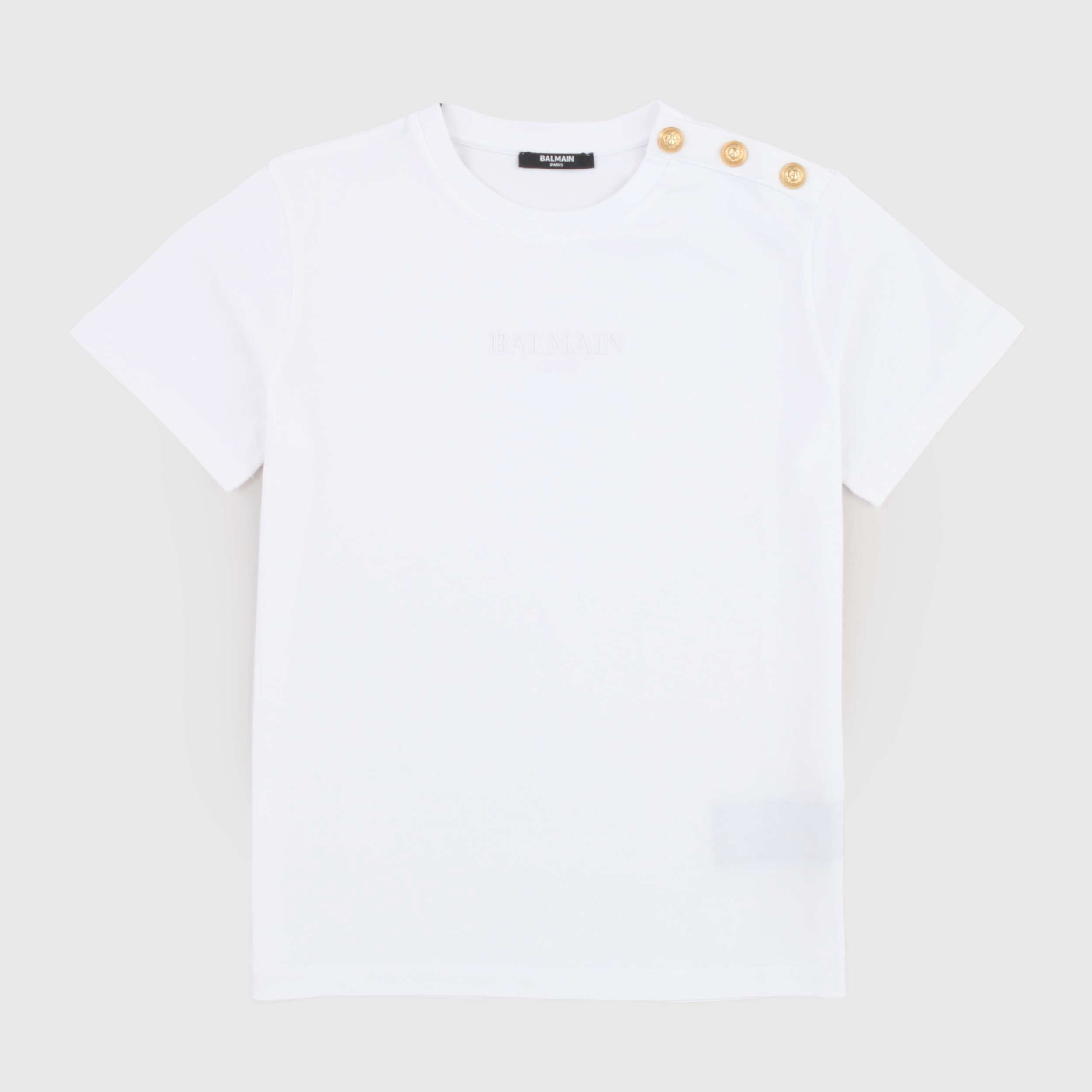 T-Shirt Bianca Bottoni Oro sulle Spalle By BALMAIN
