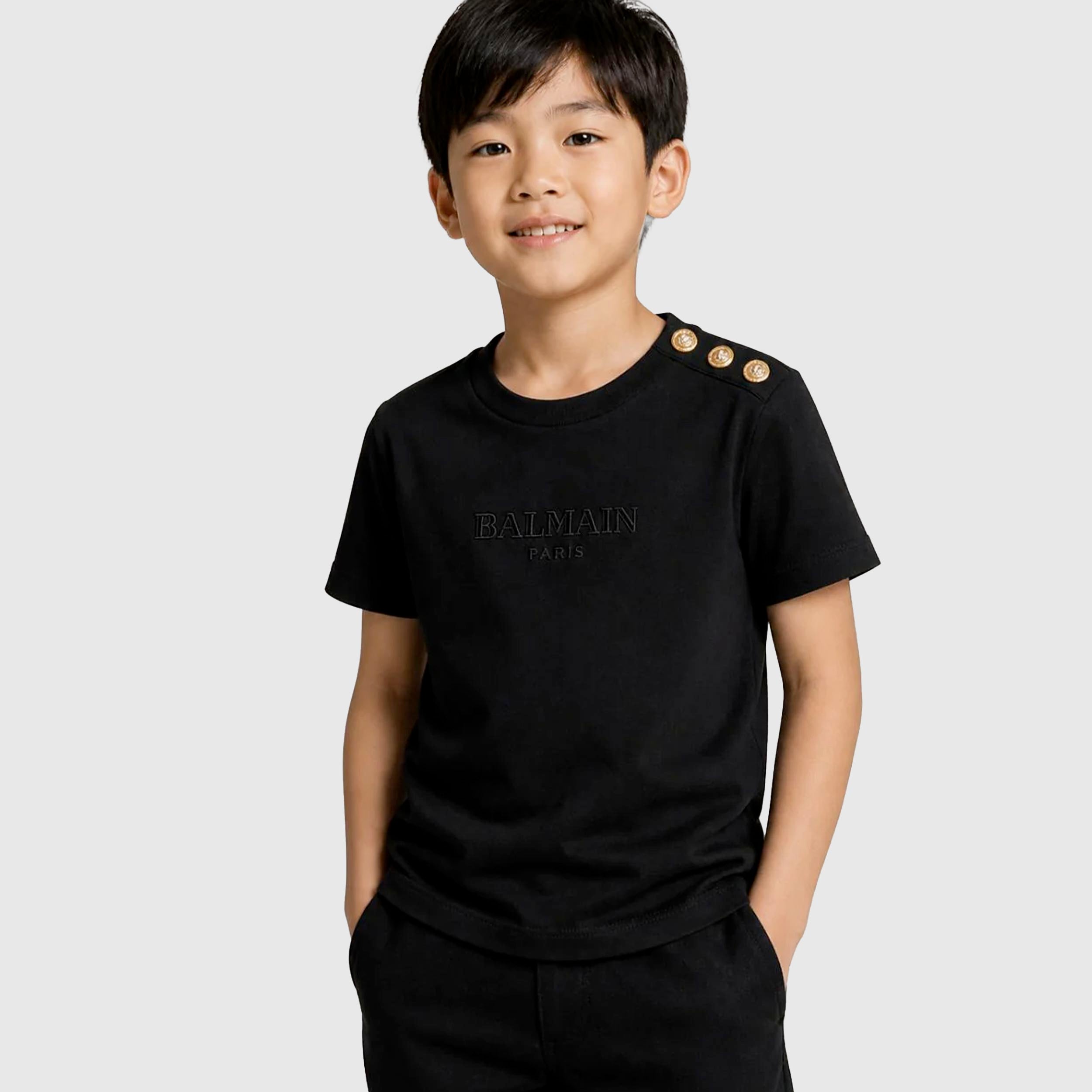 T-shirt Nera per Teenager con Bottoni Oro By BALMAIN