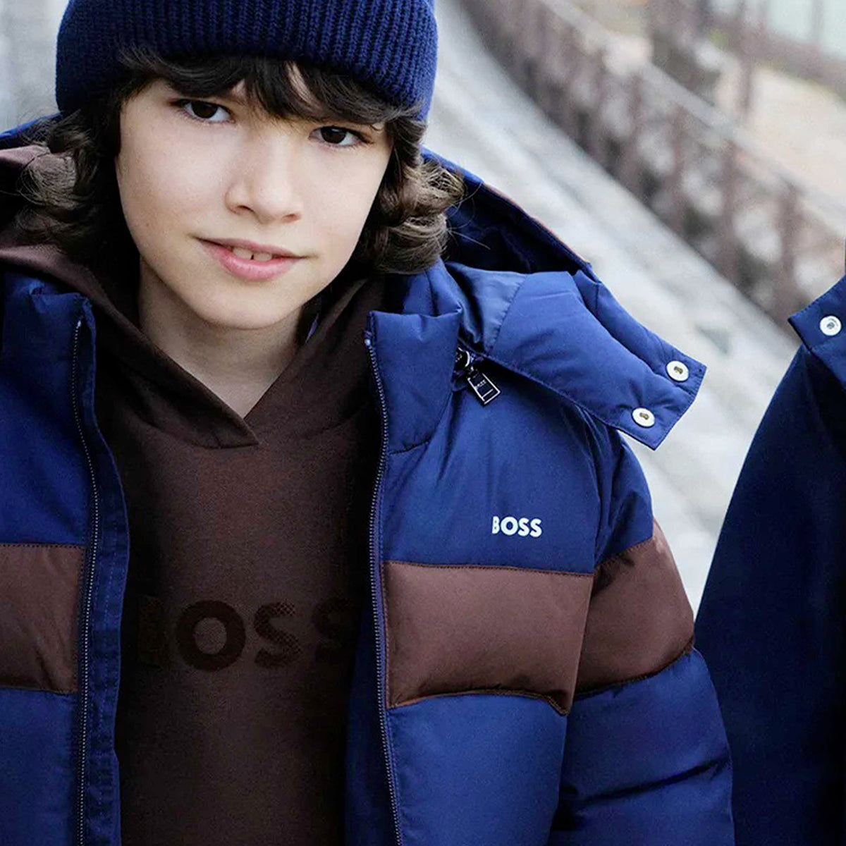 BOSS Blue and Brown Striped Down Jacket for Baby