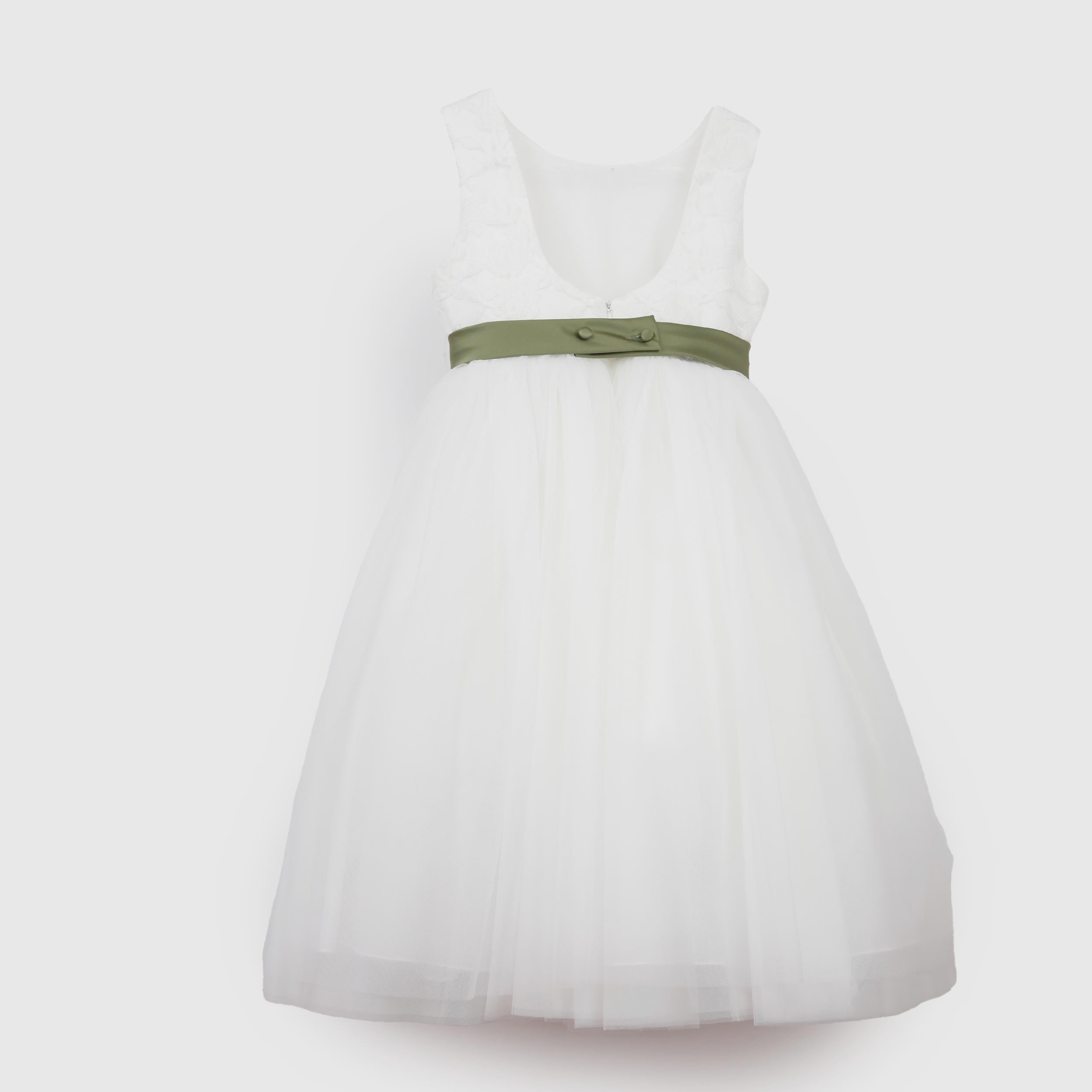 White Dress with Green Floral Belt by COLORICHIARI