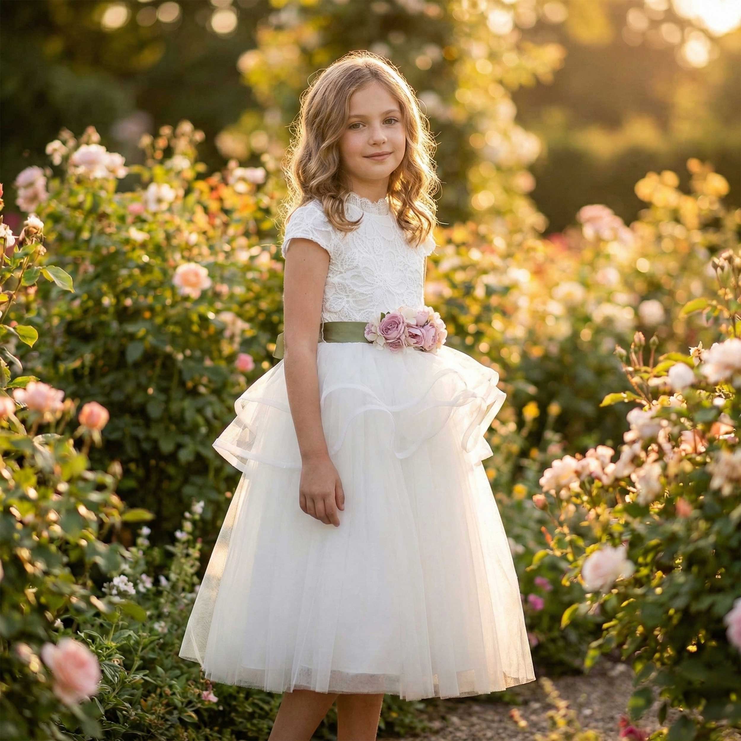 Abito da Comunione con Corpetto Ricamato Floreale Firmato COLORICHIARI