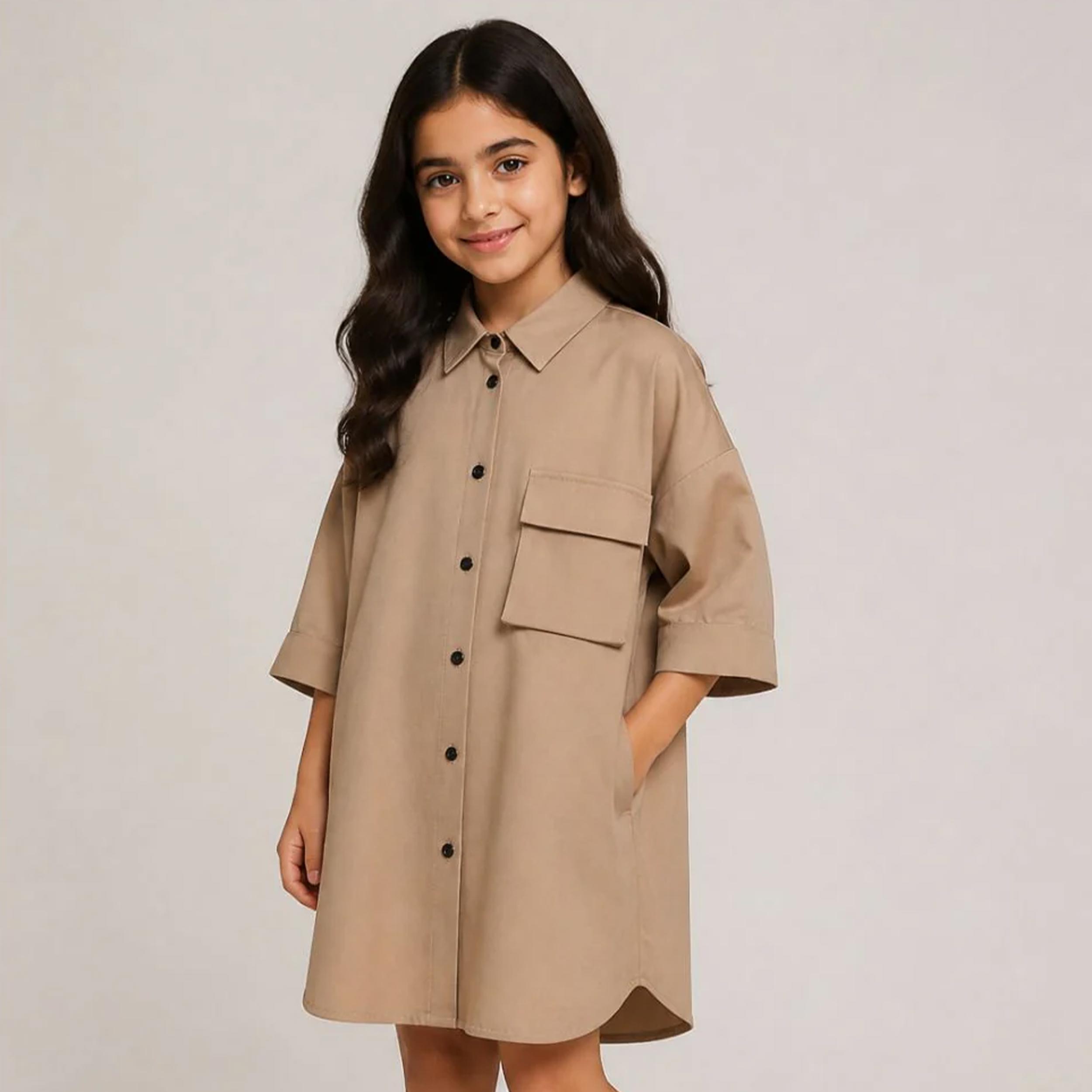 Abito Beige in Cotone con Colletto Classico By DOUUOD
