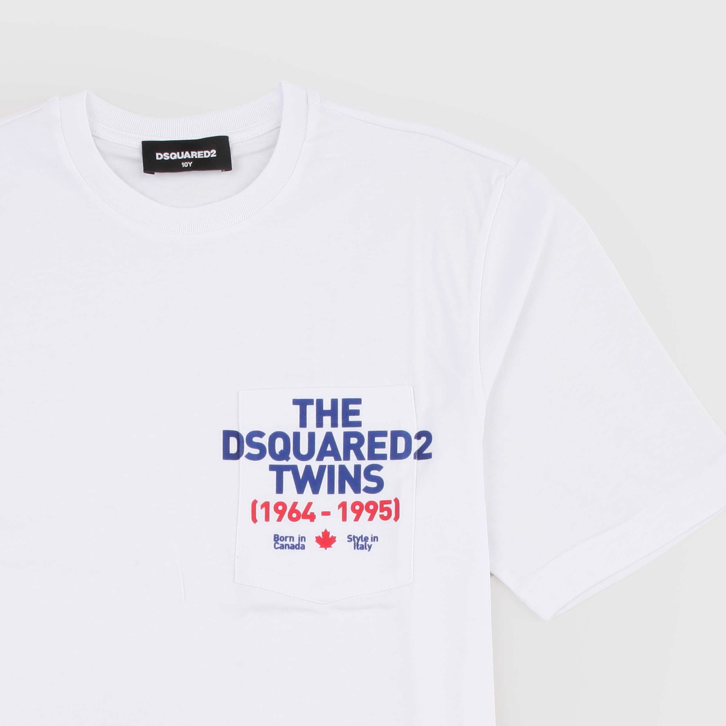 T-shirt Bianca con Stampa Azzurra Firmata DSQUARED2