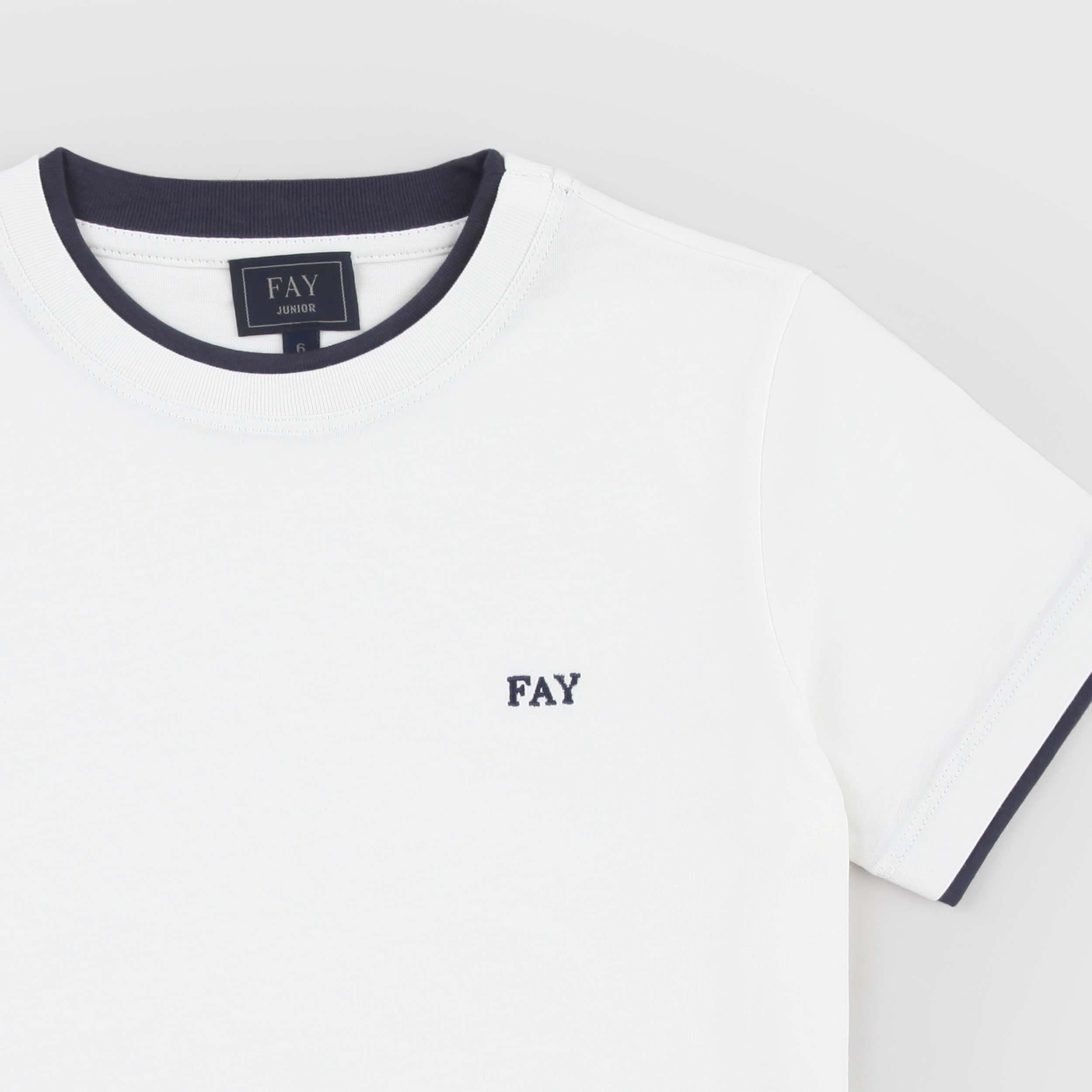 T-shirt Bianca Bordata in Contrasto Blu Firmata FAY JUNIOR