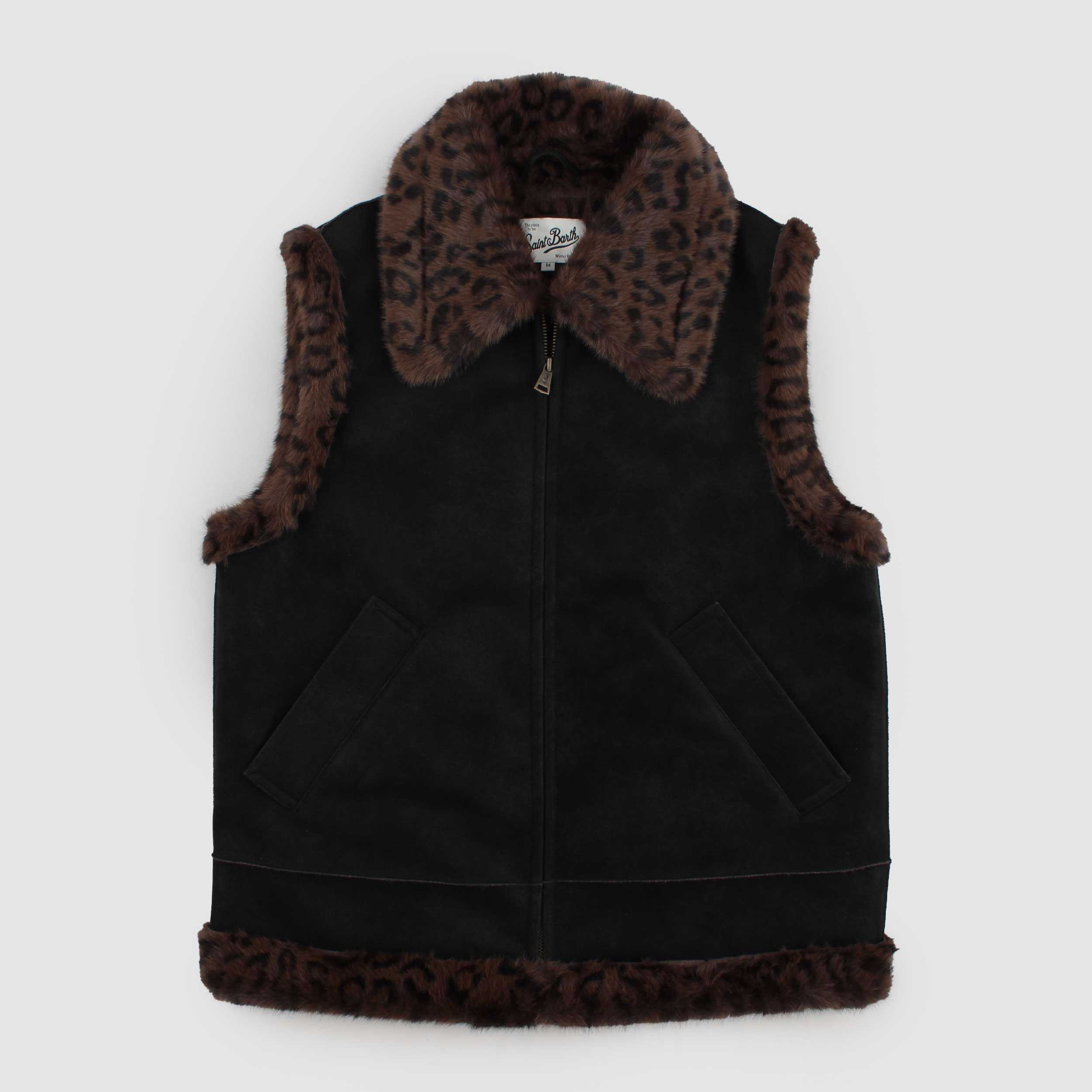 Black Vest with Leopard Details for Girl by MC2 SAINT BARTH