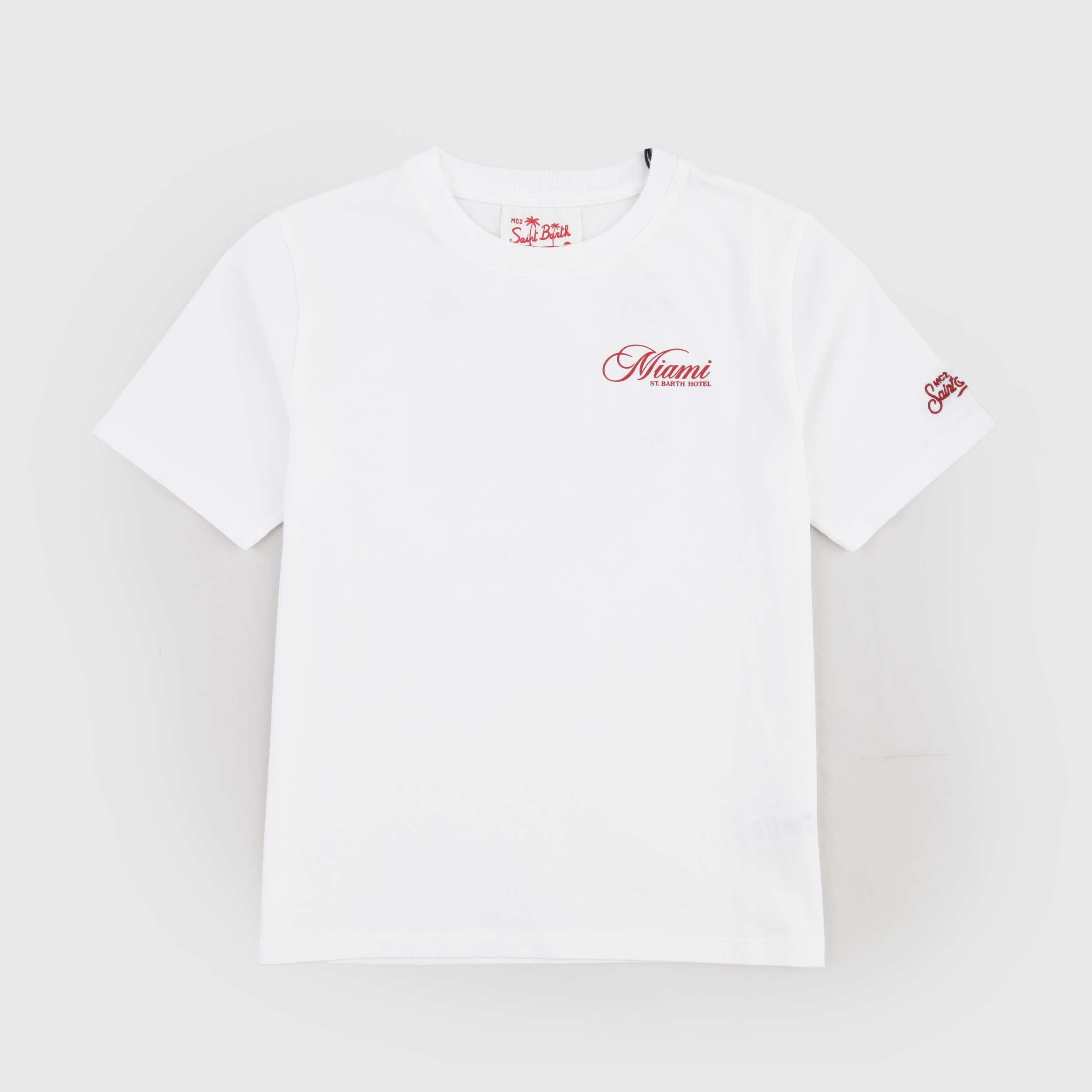 T-shirt Bianca con Scritta Ricamata Rossa Firmata MC2 SAINT BARTH