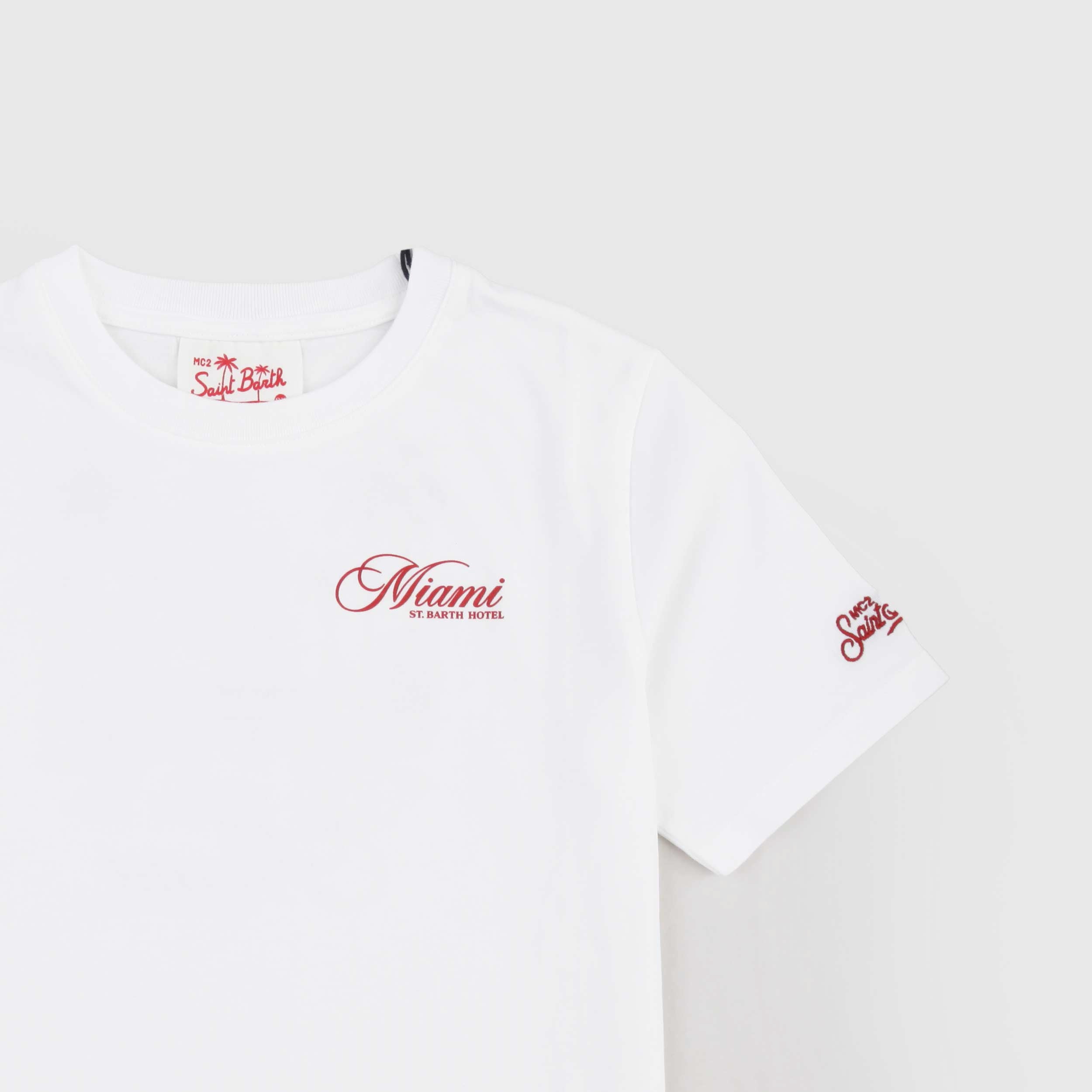 T-shirt Bianca con Scritta Ricamata Rossa Firmata MC2 SAINT BARTH