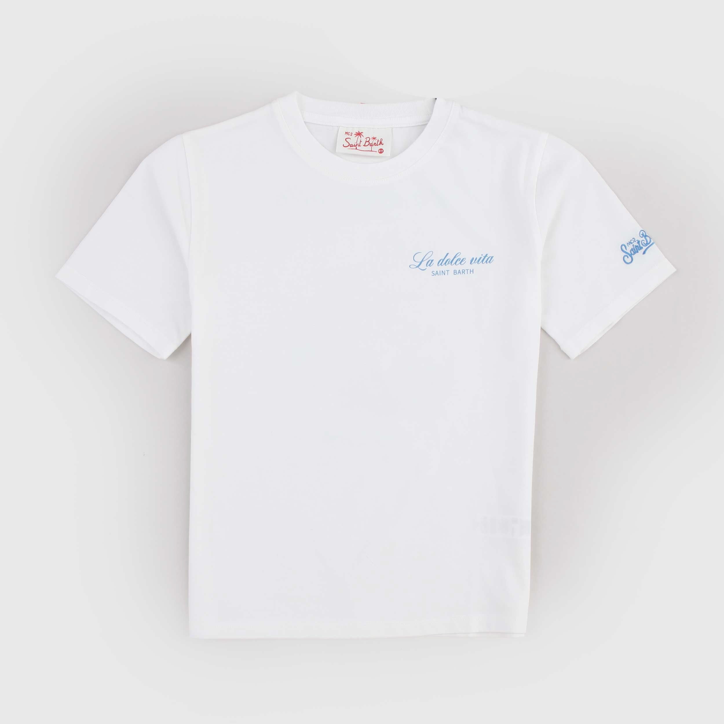 T-shirt Bianca con Scritta Celeste Iconica Firmata MC2 SAINT BARTH