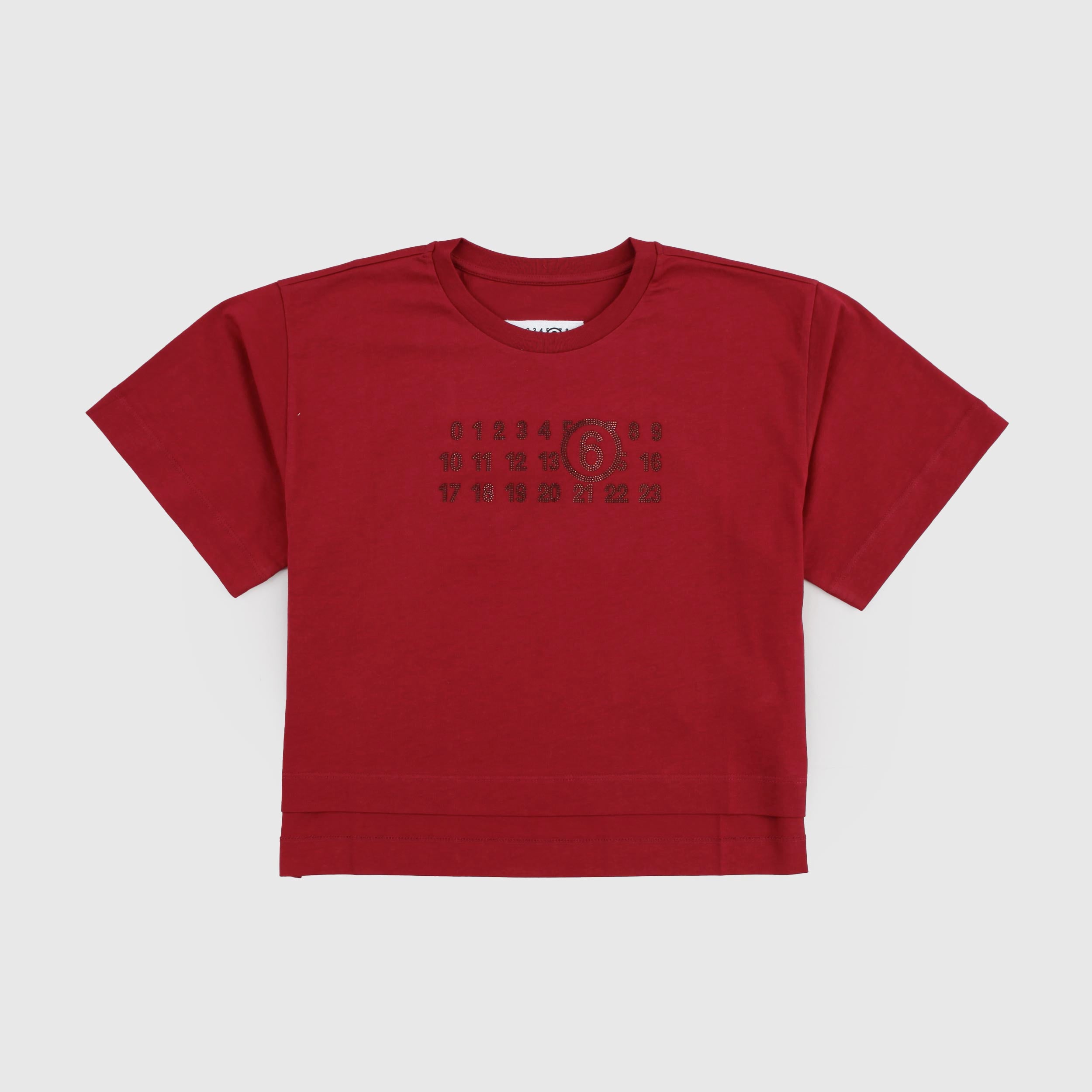 T-shirt Bordeaux Modello a Scatoletta con Strass Firmata MM6