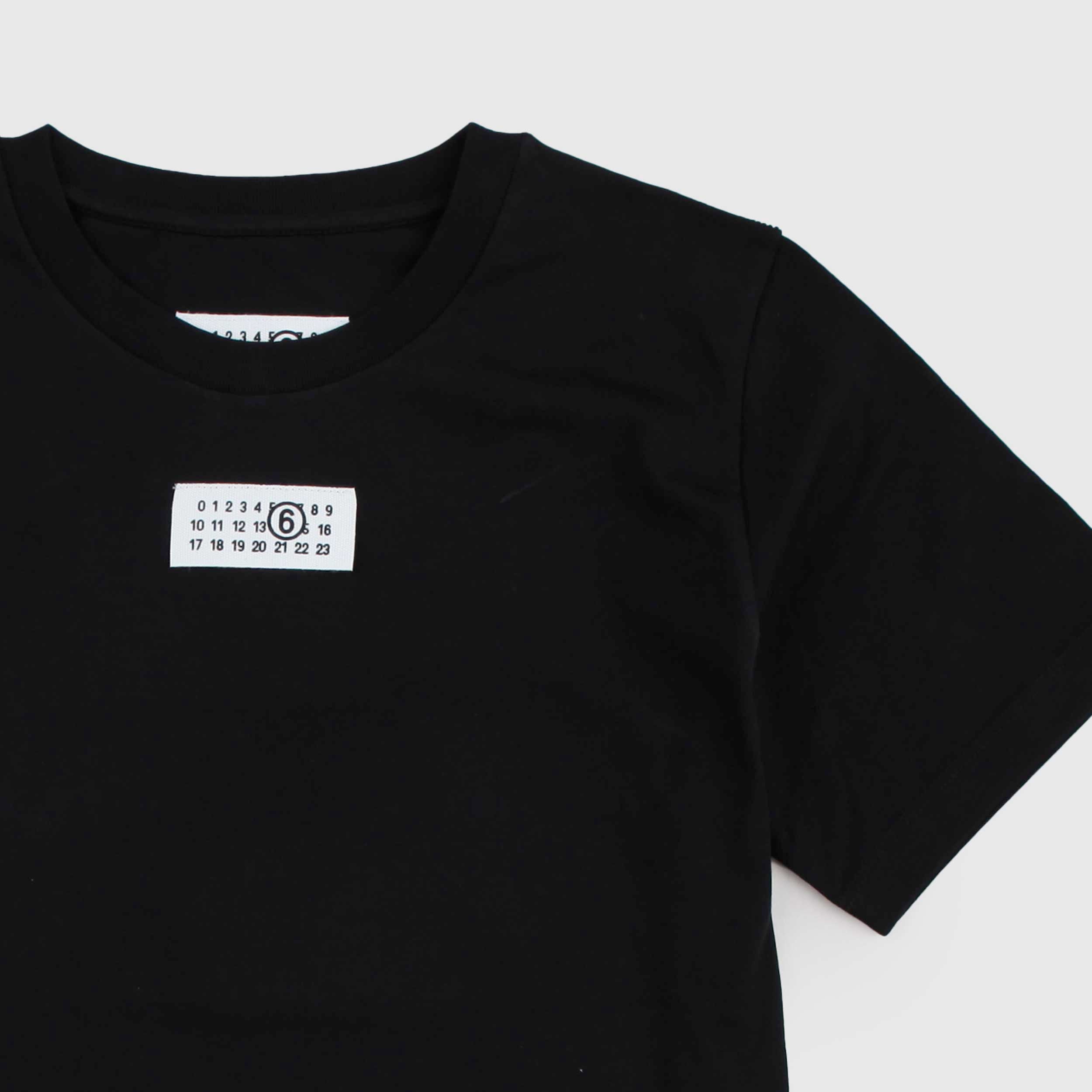 Black Crew Neck T-Shirt with Punctures and Signature Plate MM6