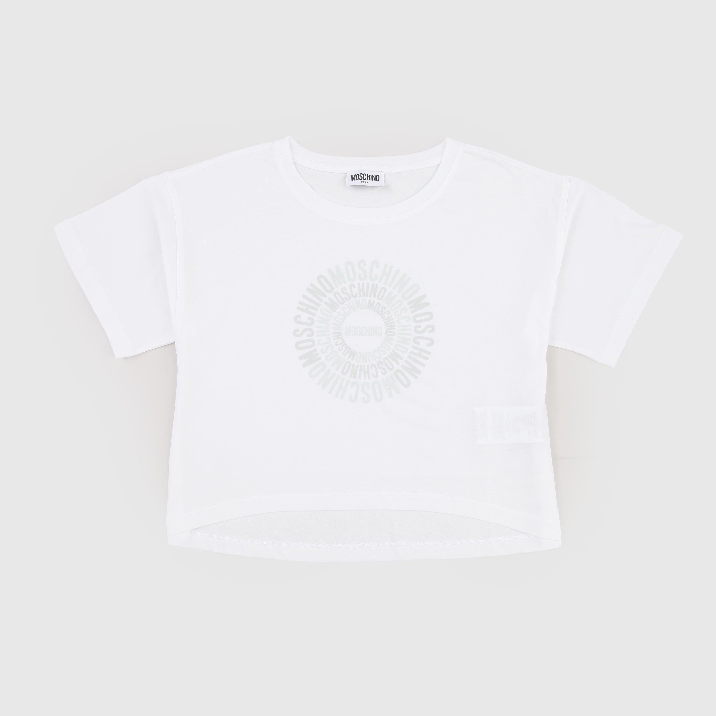 T-shirt Bianca con Logo Glitterato Firmata MOSCHINO