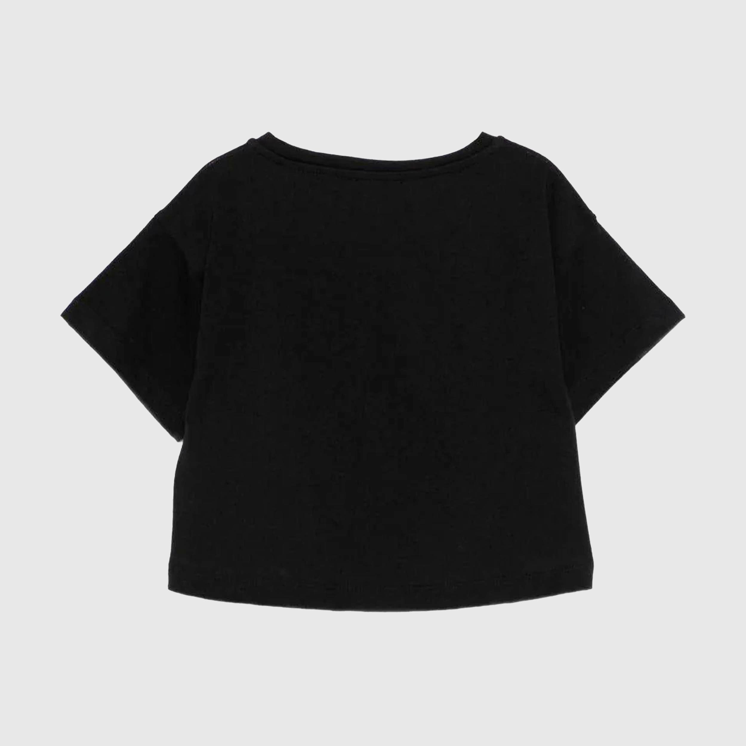 T-shirt Nera con Stampa Glitterata Firmata MOSCHINO