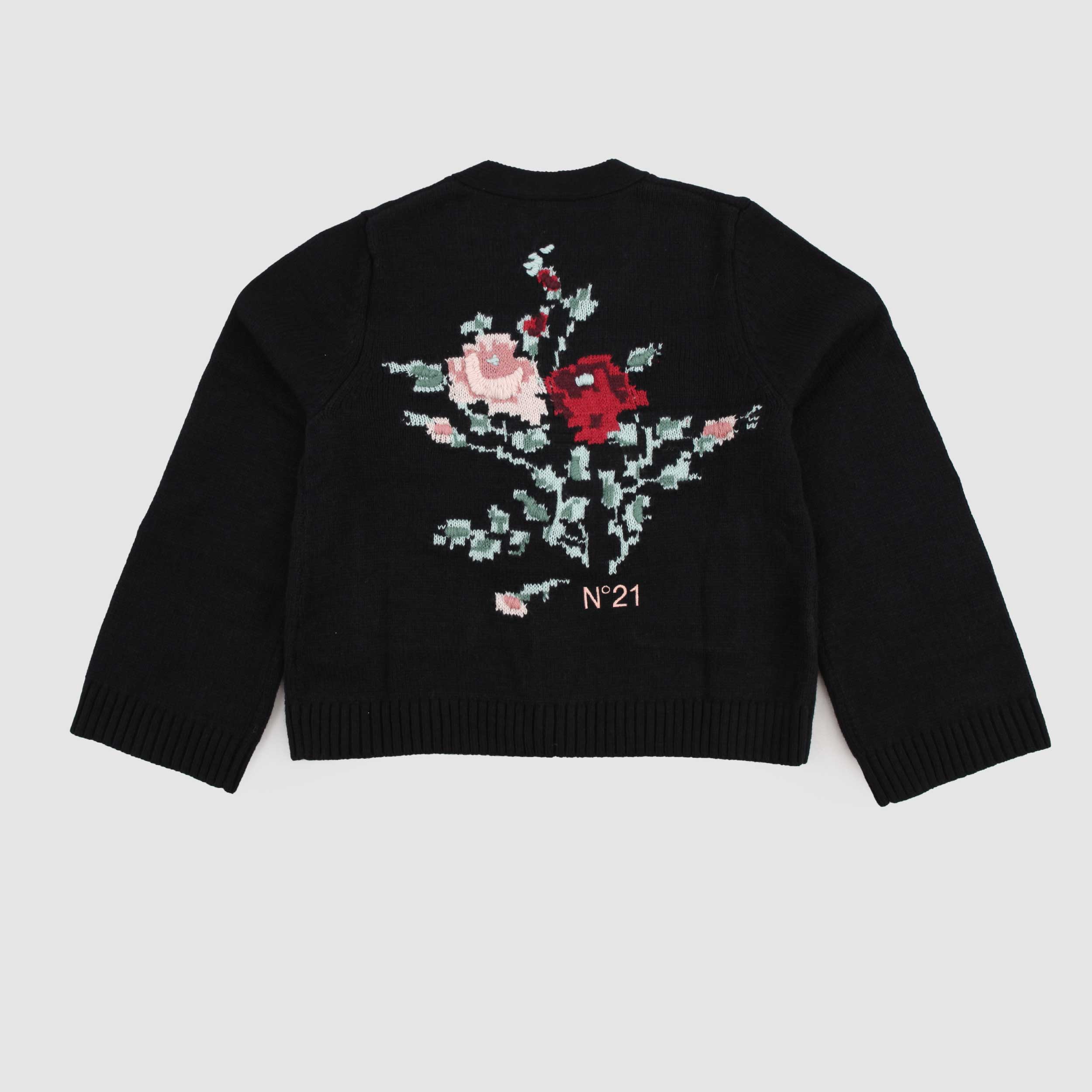 Cardigan V Nero con Ricamo Floreale Firmato N 21