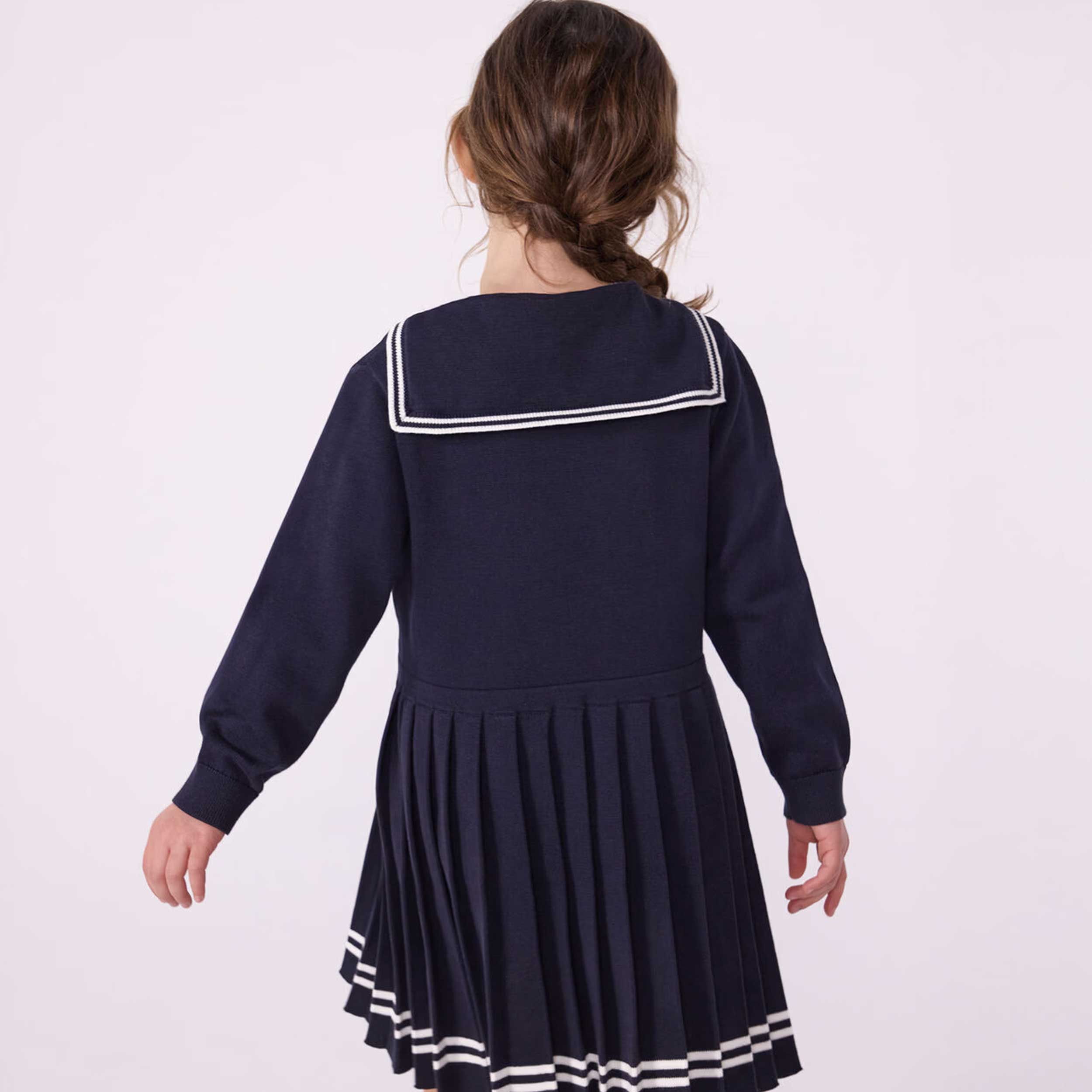 Abito Blu Stile Marinaio con Pieghe per Bambina by PETIT BATEAU