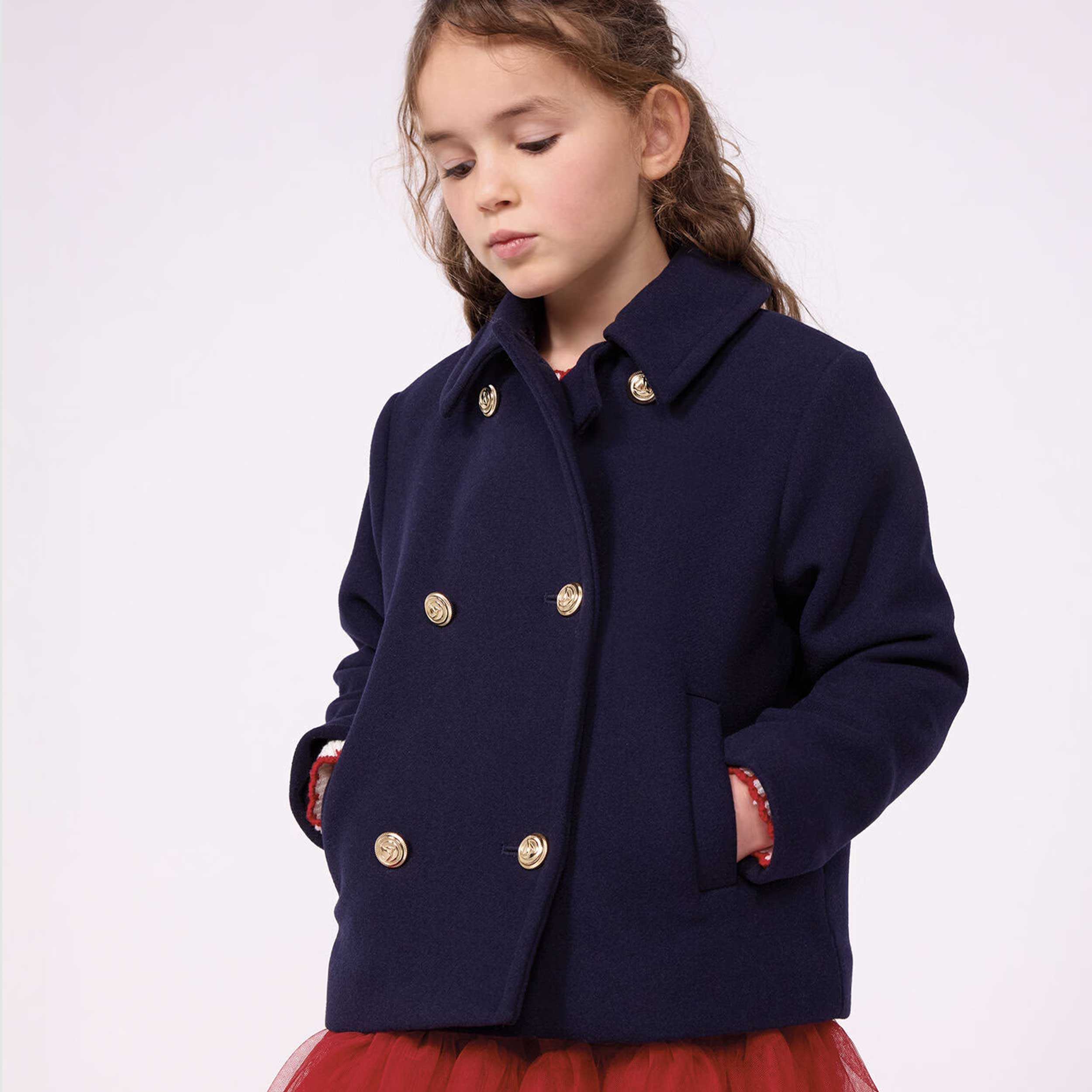 Caban Blue Double-breasted Jacket for Girls by PETIT BATEAU