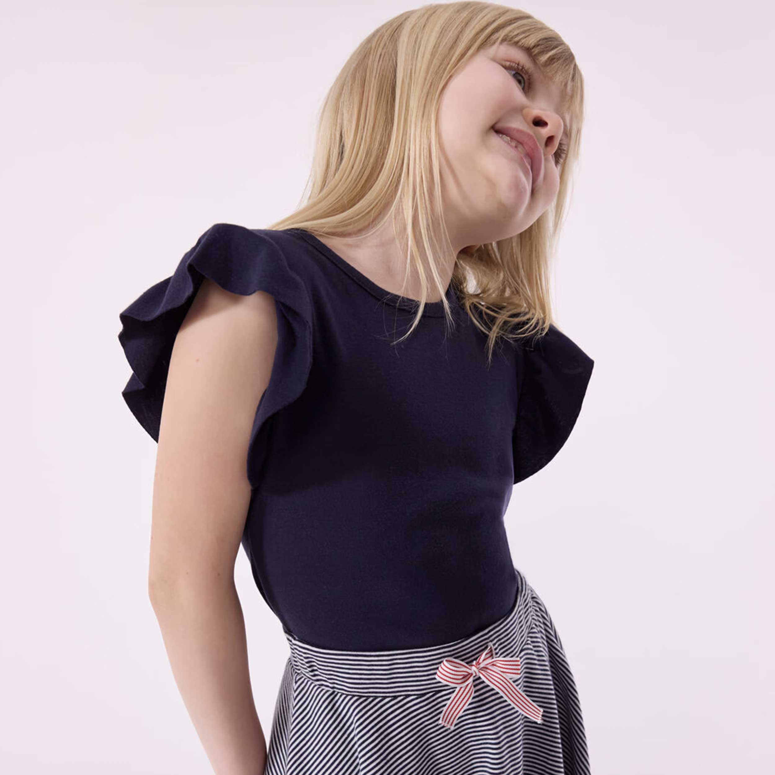 T-shirt Blu con Maniche a Volant Firmata PETIT BATEAU