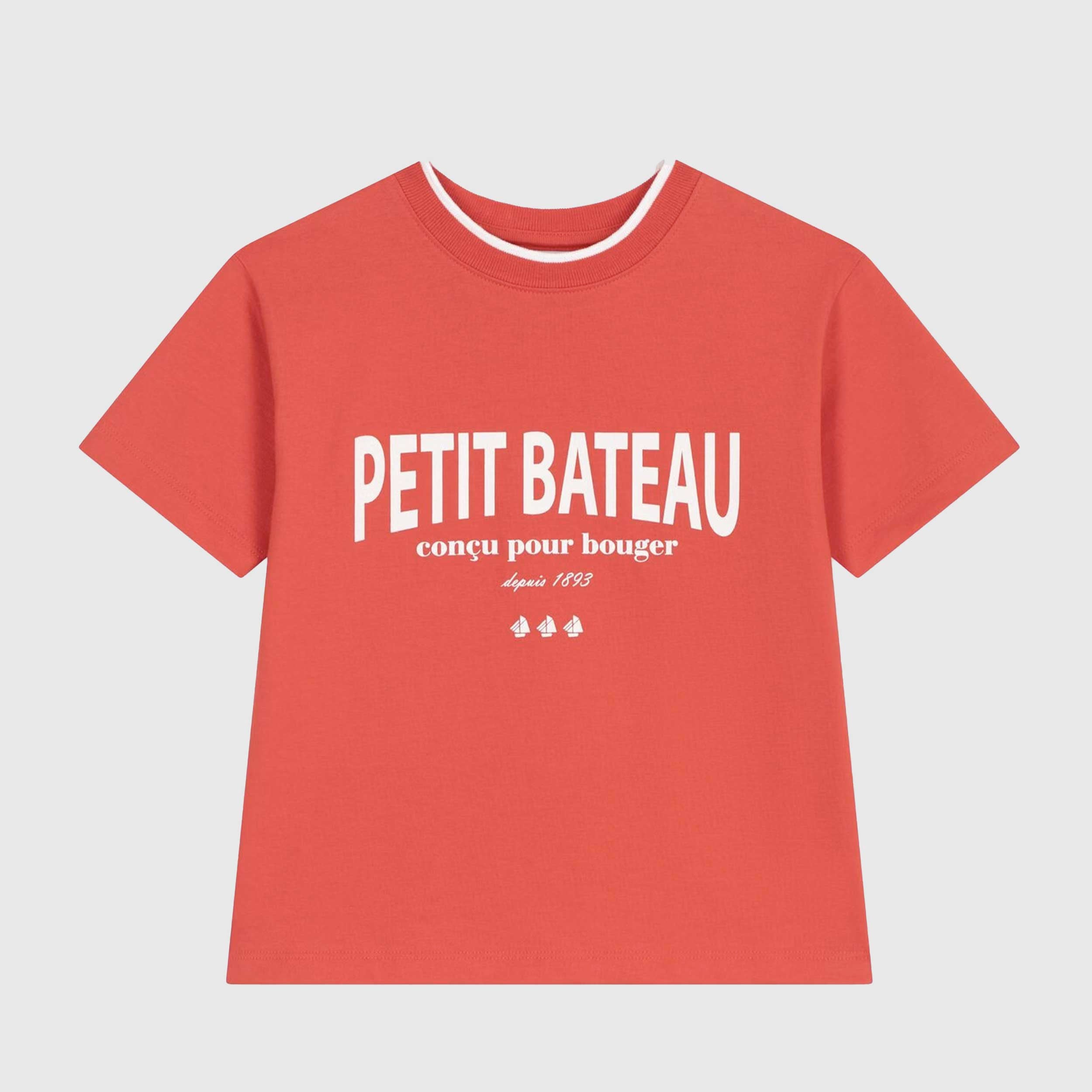 T-shirt Rosso Corallo con Logo Bianco Firmata PETIT BATEAU