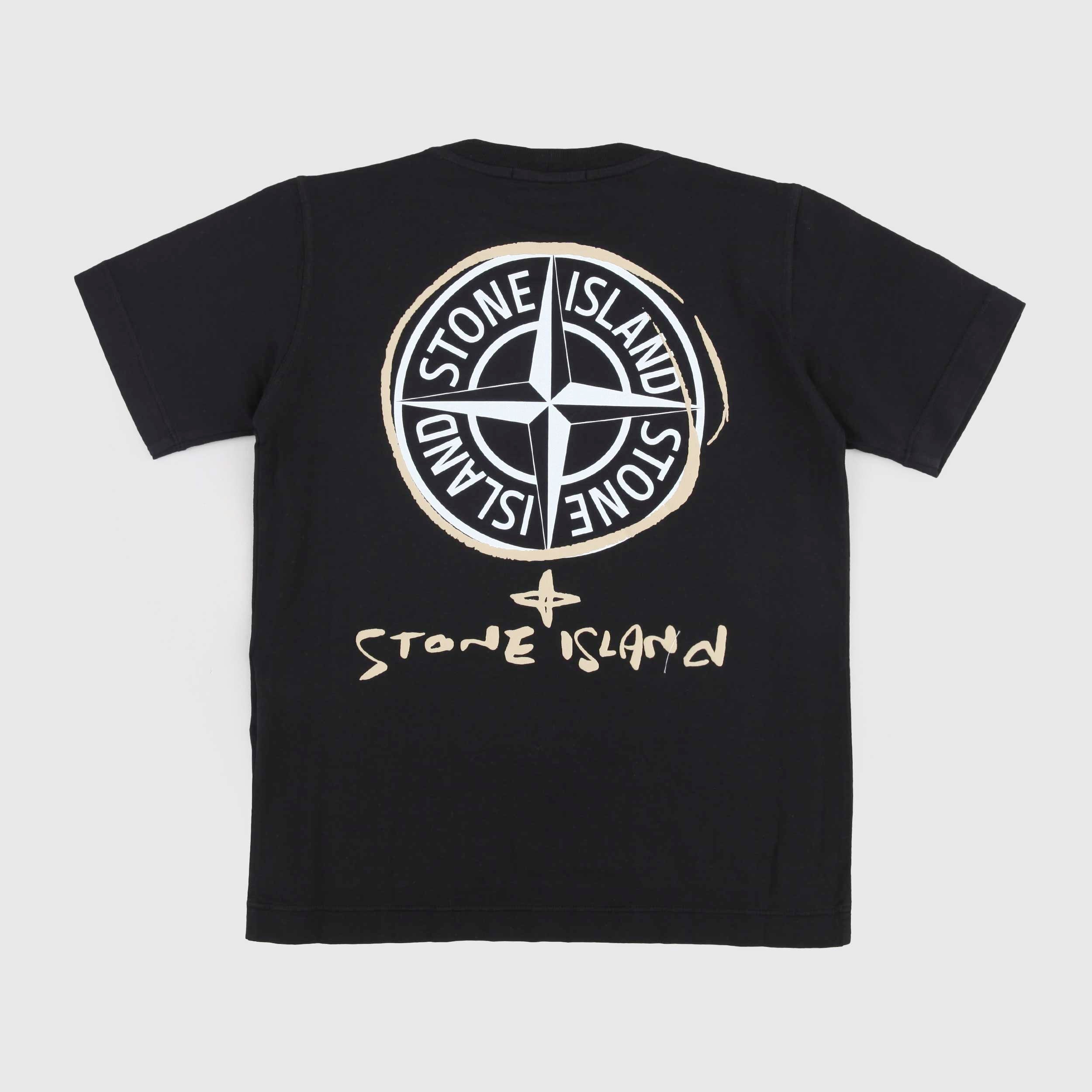 Black T-shirt with White Stone Island Signature Print on the Back