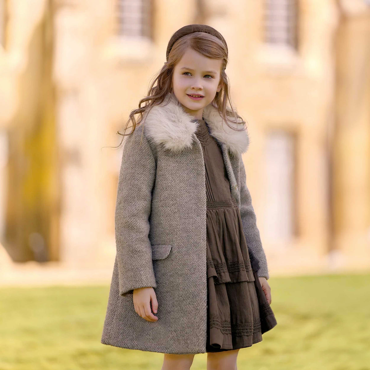 Cappotto Grigio in Tweed con Pelliccia per Bambine TARTINE ET CHOCOLAT