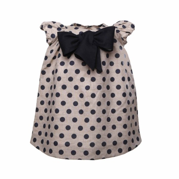 La Stupenderia - BEIGE DRESS WITH BLUE POLKA DOTS FOR BABY GIRLS