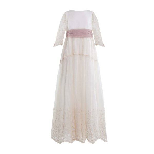Tete' & Martina - NATURAL WHITE LONG DRESS WITH PINK TULLE BELT