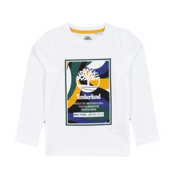 Timberland - T-shirt lunga bianca con stampa logo multicolor