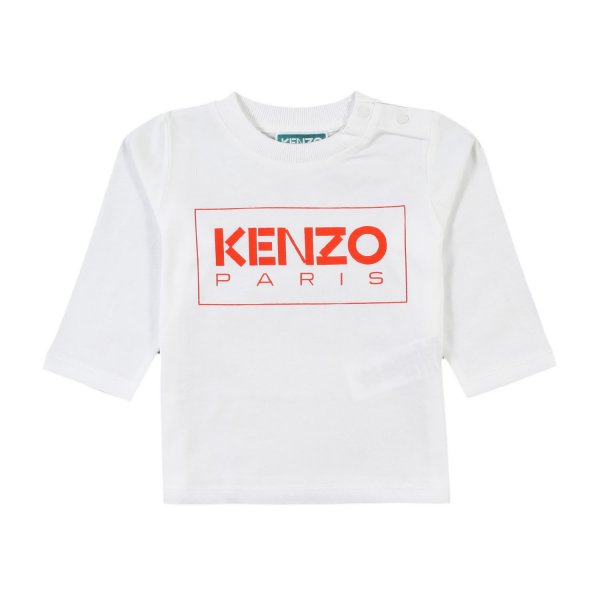 Kenzo - T-shirt lunga baby bianca con logo Kenzo arancio