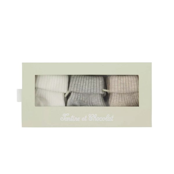 Tartine Et Chocolat - White, gray and beige unisex newborn socks set
