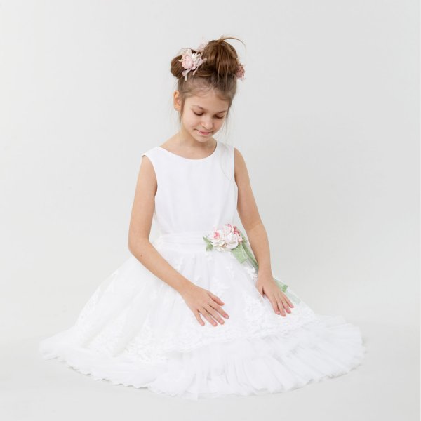 Mimilú - White dress in tulle and brooch with green lace