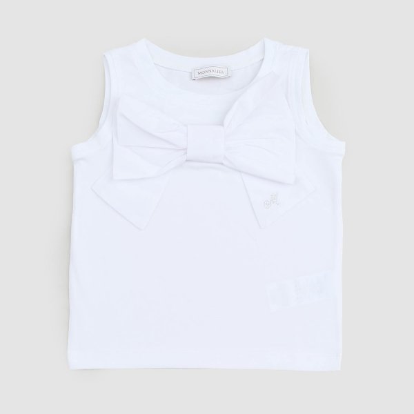 Monnalisa - White Sleeveless T-Shirt with Bow for Girls