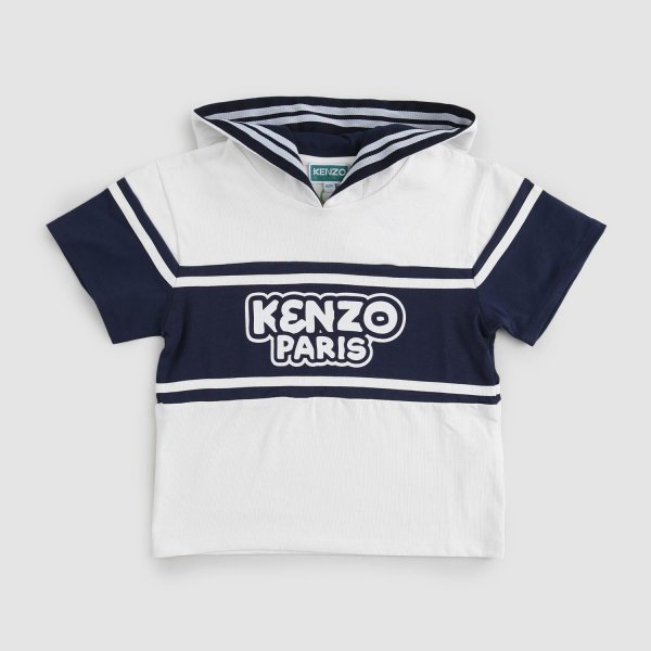 Kenzo - t-shirt bianca e blu con cappuccio bambino