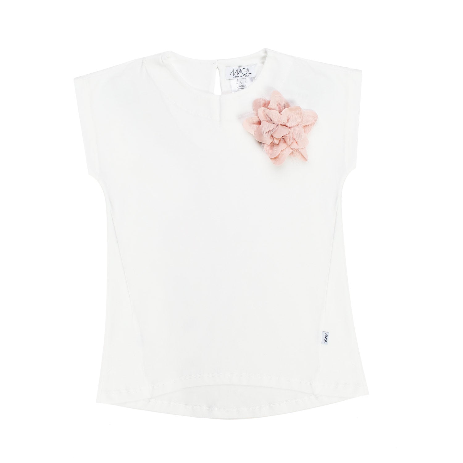 MAGLIETTA BIANCA CON SPILLA ROSA BAMBINA - annameglio.com abbigliamento moda
