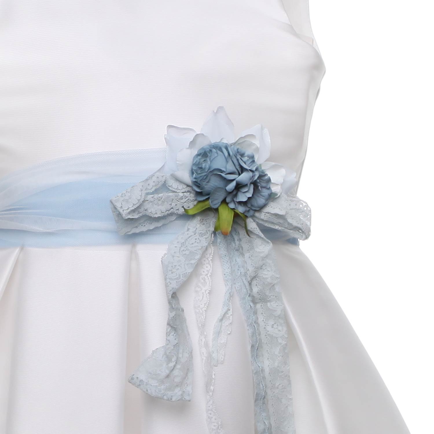 ABITO CERIMONIA BIANCO CON DOPPIA CINTURA CELESTE - annameglio.com abbigliamento moda