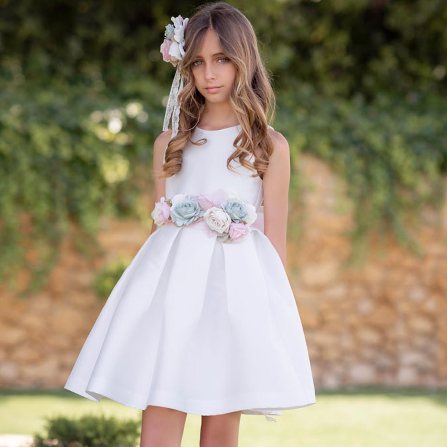 ABITO CERIMONIA BIANCO CON DOPPIA CINTURA CELESTE - annameglio.com abbigliamento moda