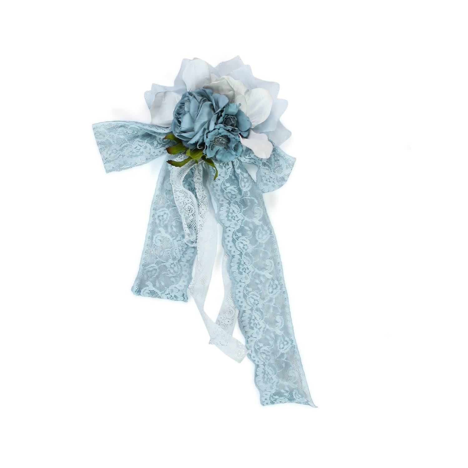 FERMAGLIO DA CERIMONIA CON FIORI AZZURRO POLVERE - annameglio.com abbigliamento moda