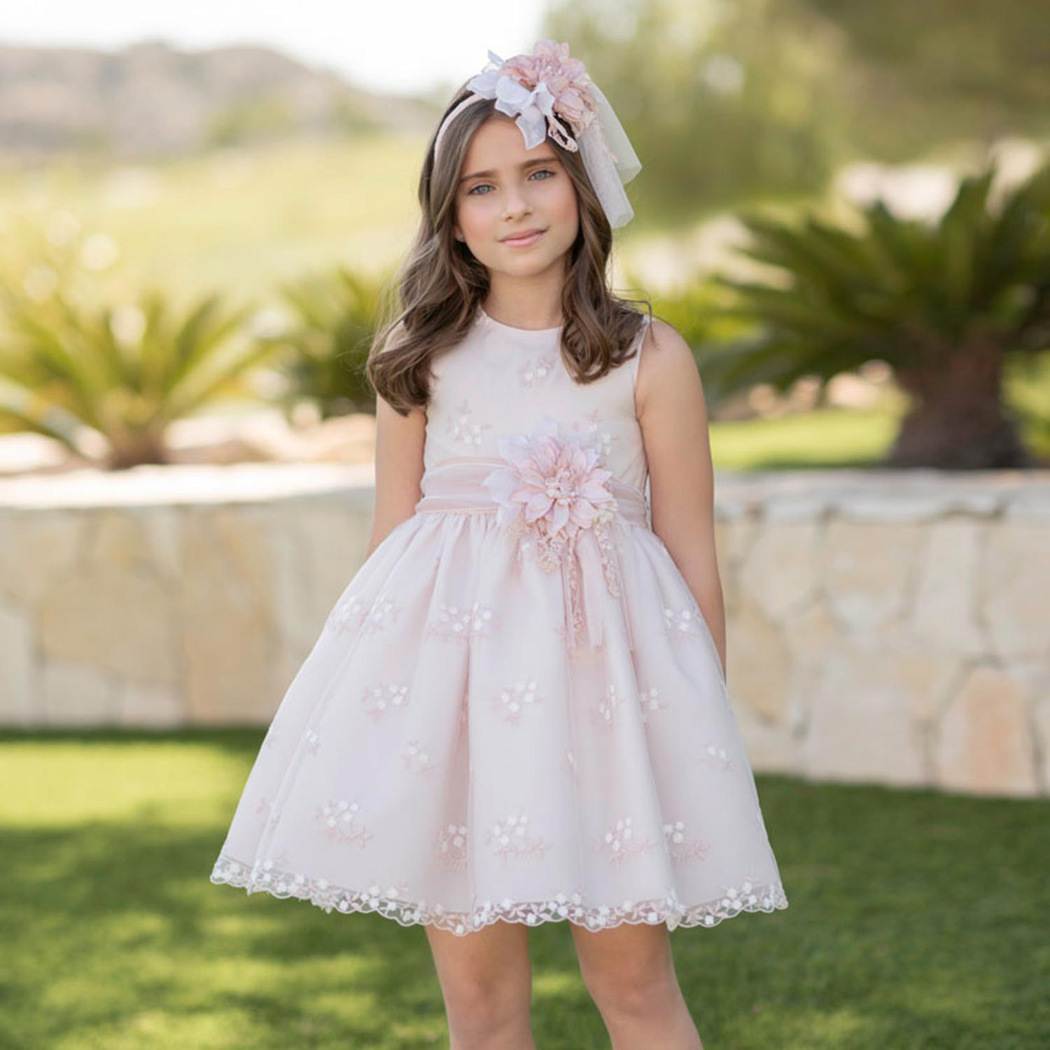 ABITO CERIMONIA ROSA CON CINTURA E SPILLA - annameglio.com abbigliamento moda