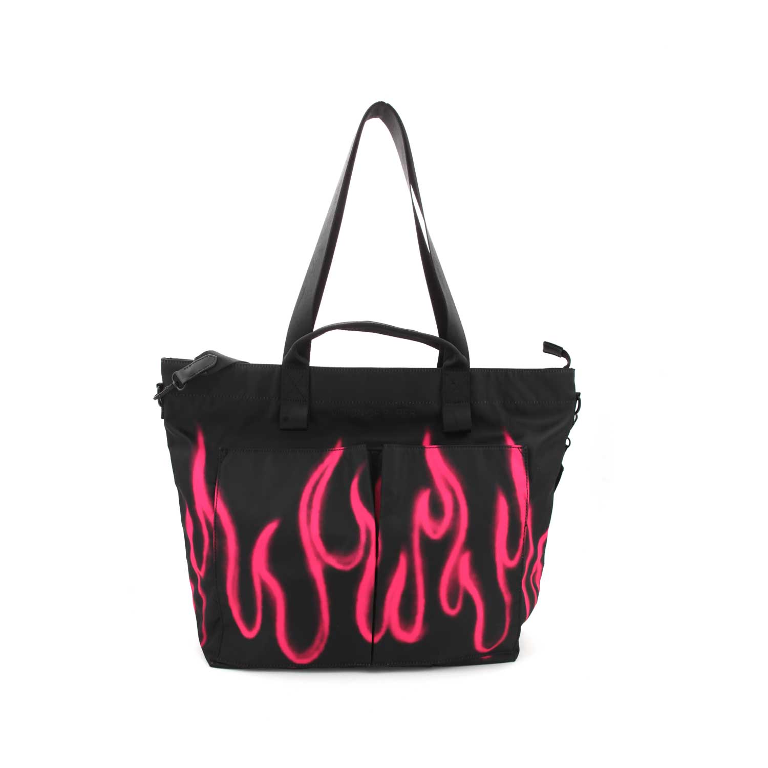 BORSA SHOPPER NERA CON FIAMME FUCSIA - annameglio.com abbigliamento moda