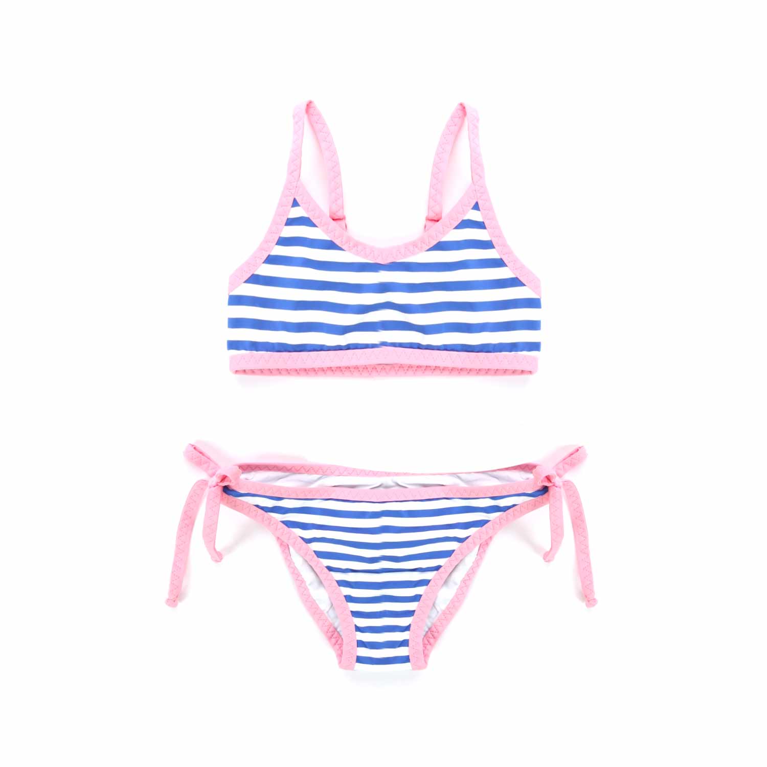 BIKINI BIANCO A RIGHE BLU CON ORLI ROSA BAMBINA - annameglio.com abbigliamento moda