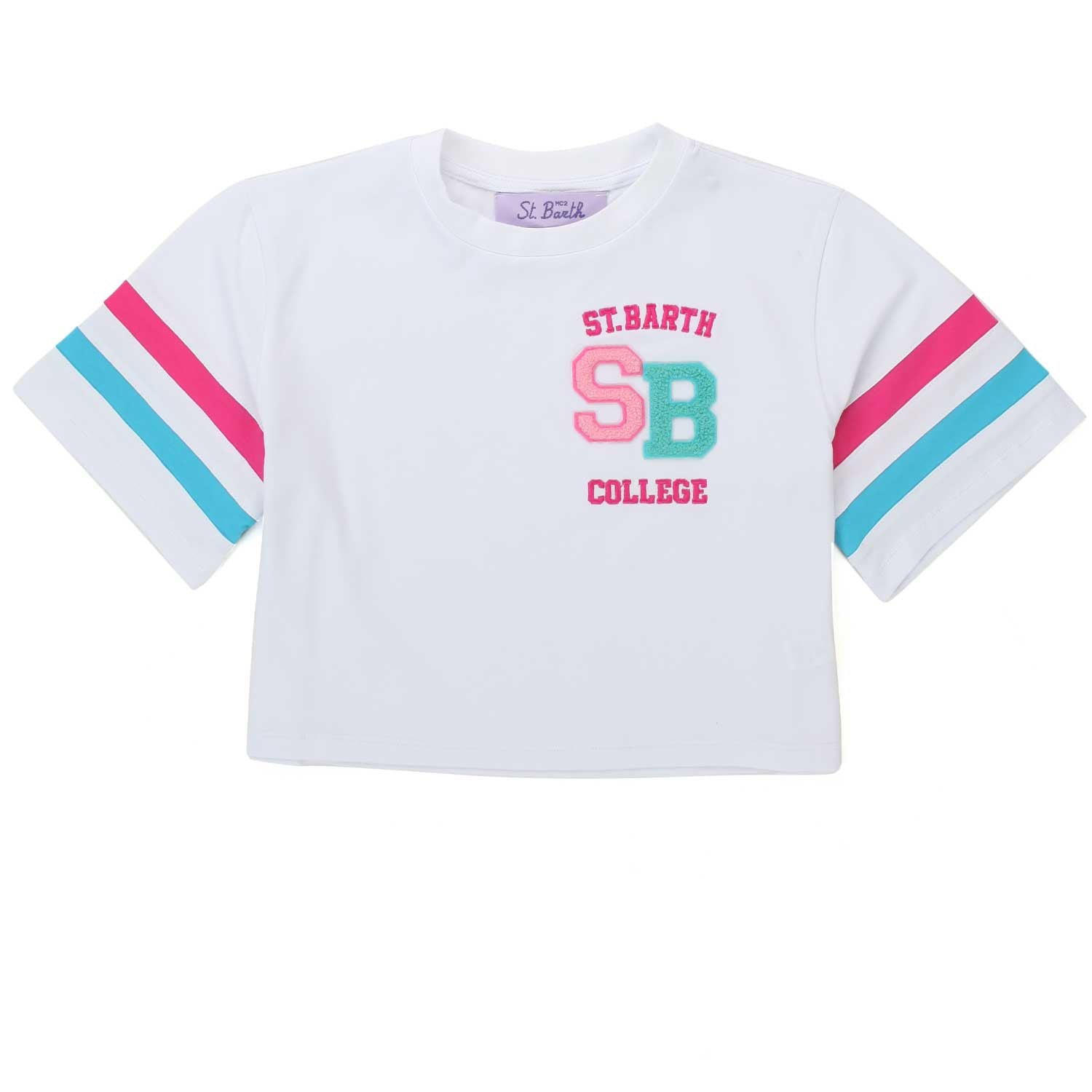 T-SHIRT CROPPED BIANCA CON STRISCE FUCSIA E BLU - annameglio.com abbigliamento moda