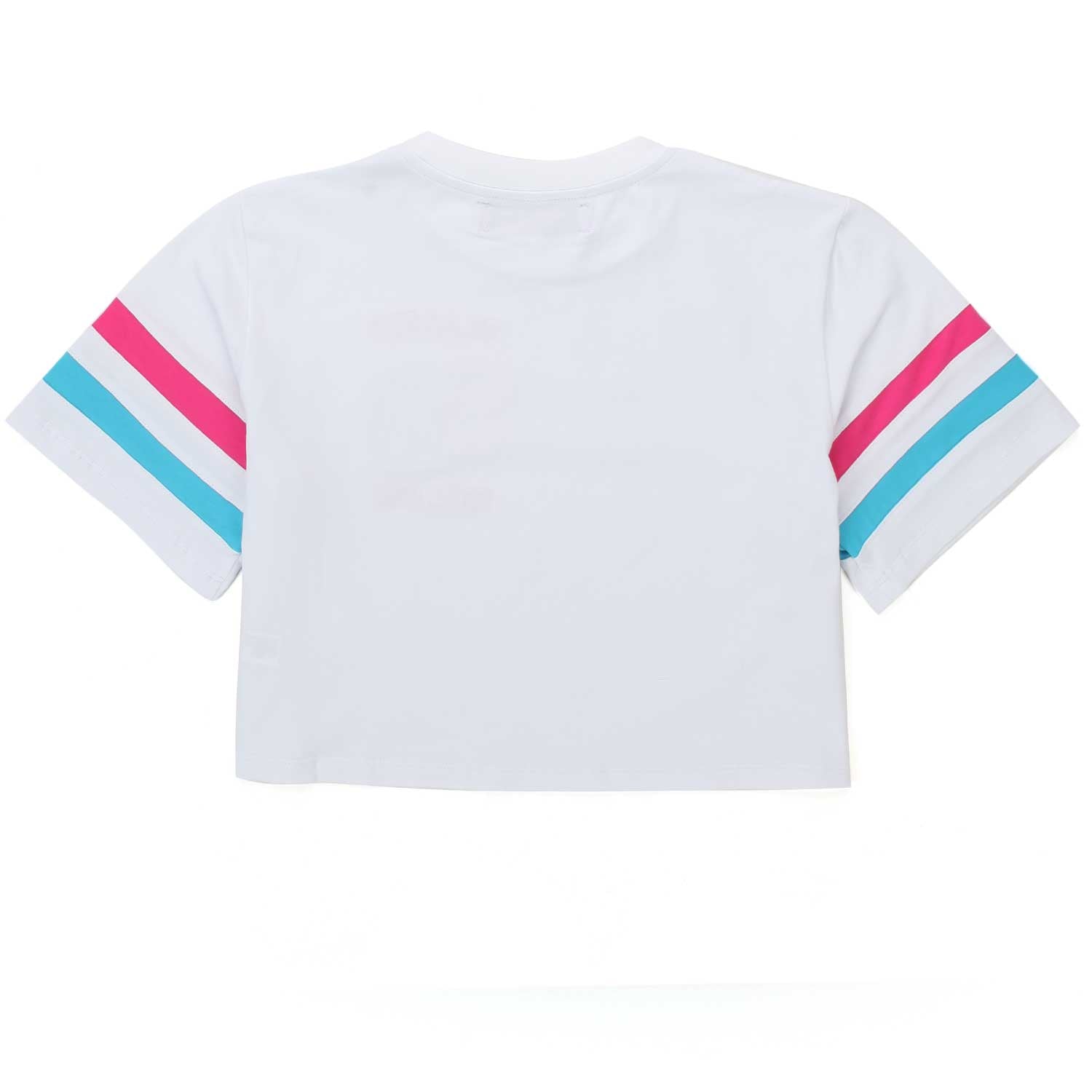T-SHIRT CROPPED BIANCA CON STRISCE FUCSIA E BLU - annameglio.com abbigliamento moda