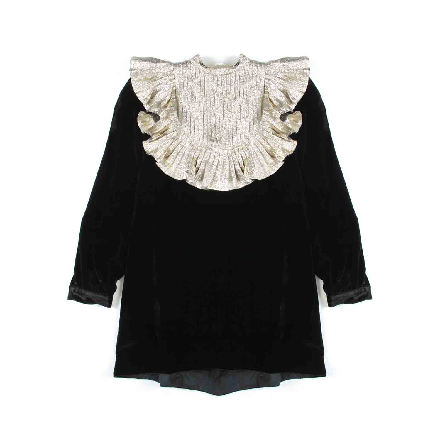 ABITO DI VELLUTO NERO CON PETTORINA GLITTER ORO - annameglio.com abbigliamento moda